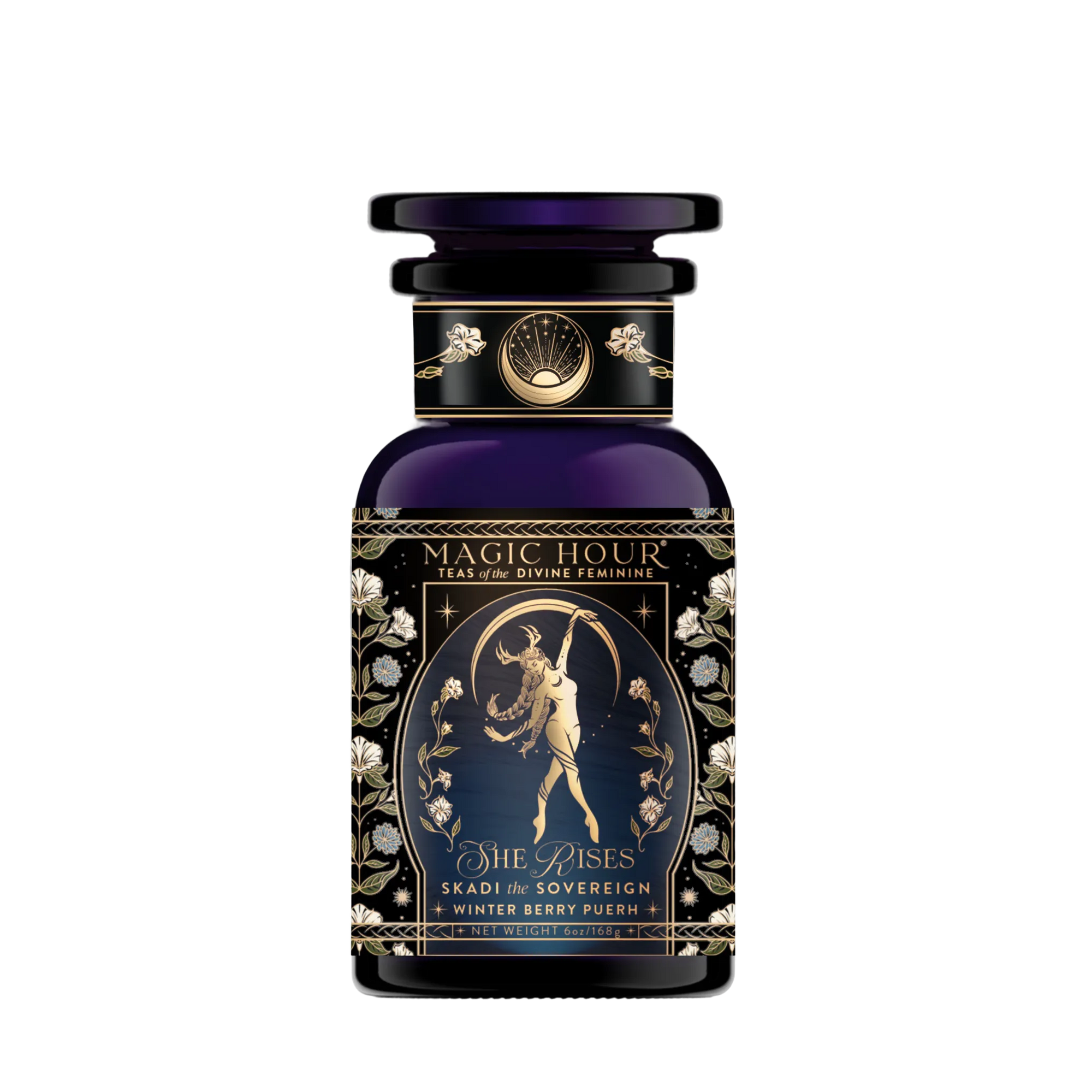 A dark blue, ornate tea jar labeled "Skadi The Sovereign" with gold accents and an illustration of a bow-wielding woman features berry-infused tea and floral patterns, honoring Skadi’s sovereignty.