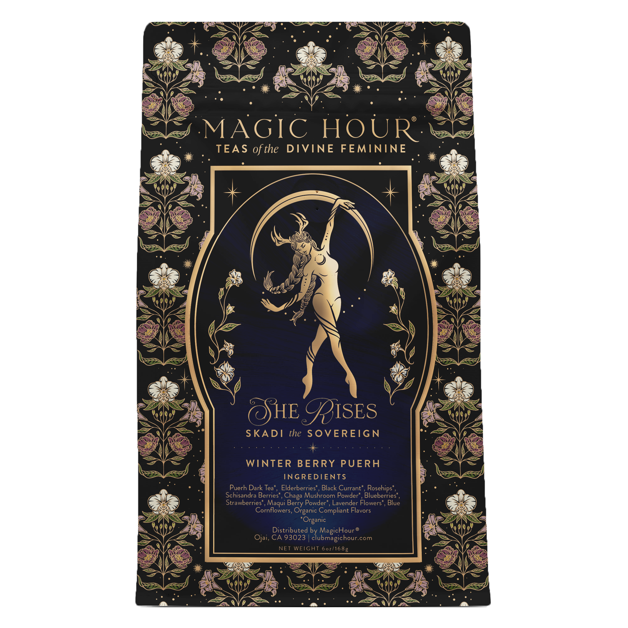 A black and gold “Skadi The Sovereign” tea package from Magic Hour features an antlered woman and contains a berry-infused puerh blend celebrating Skadi’s sovereignty.