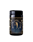 A black tea canister labeled "Skadi The Sovereign," featuring an ornate illustration of a female archer with the text "She Rises, Skadi the Sovereign, Winter Berry Puerh," celebrating berry-infused puerh tea.