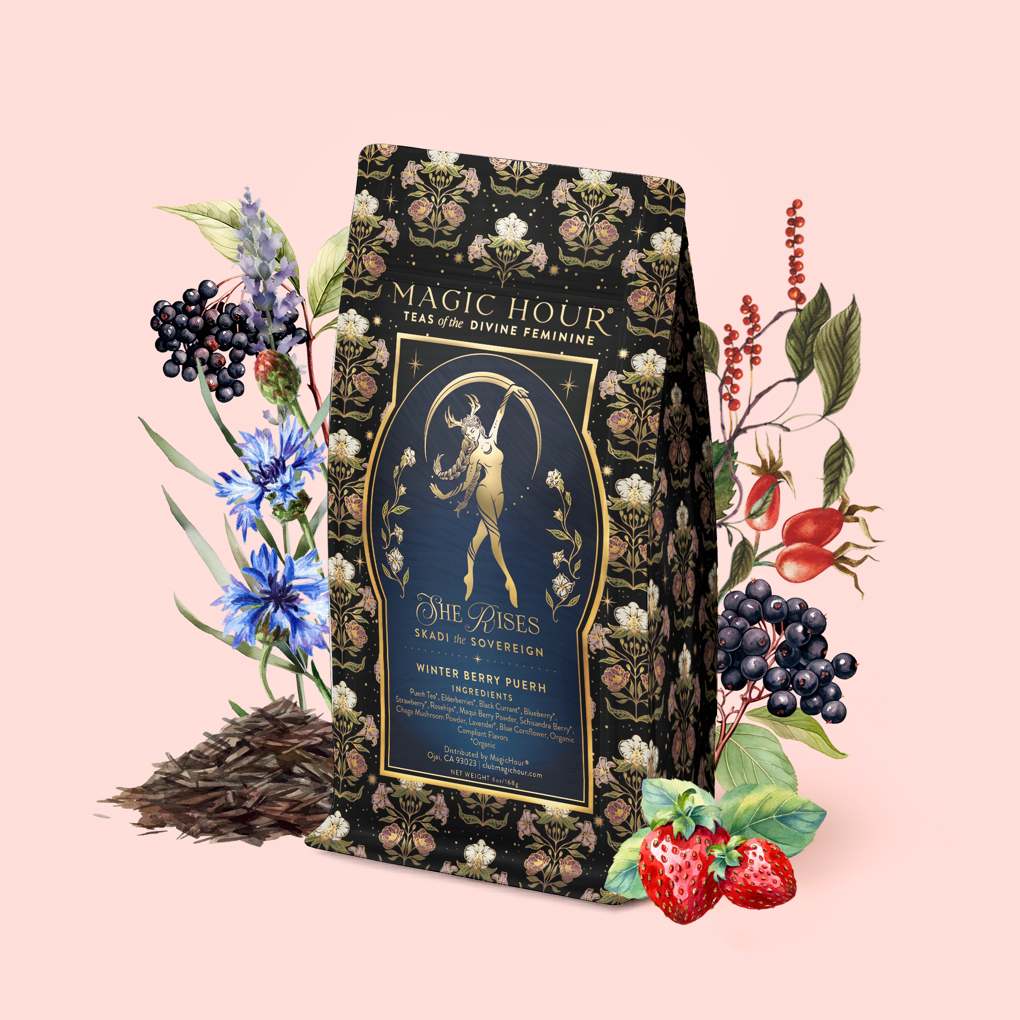 A decorative tea bag labeled "Skadi The Sovereign: Winter Berry Puerh" is surrounded by illustrated berries, flowers, leaves, and loose tea leaves on a pink background—evoking the enchanting spirit of the Norse Winter Queen and her winter resilience with every sip of this berry-infused puerh tea.