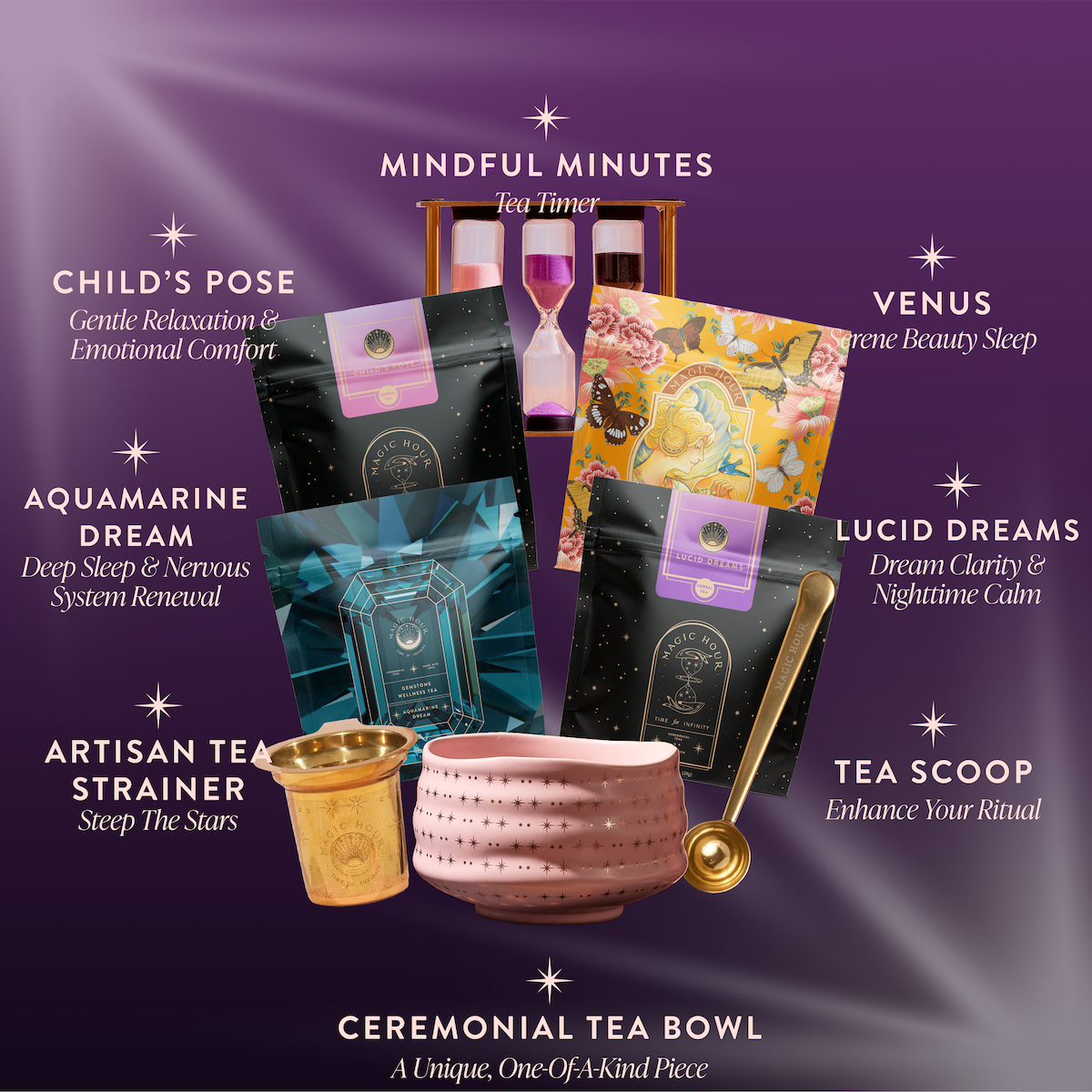 The Sleep Tea Subscription and relaxation accessories—an hourglass timer, ceramic tea bowl, gold strainer, and tea scoop—are displayed on a purple background, each labeled with its unique name and purpose for stress reduction.