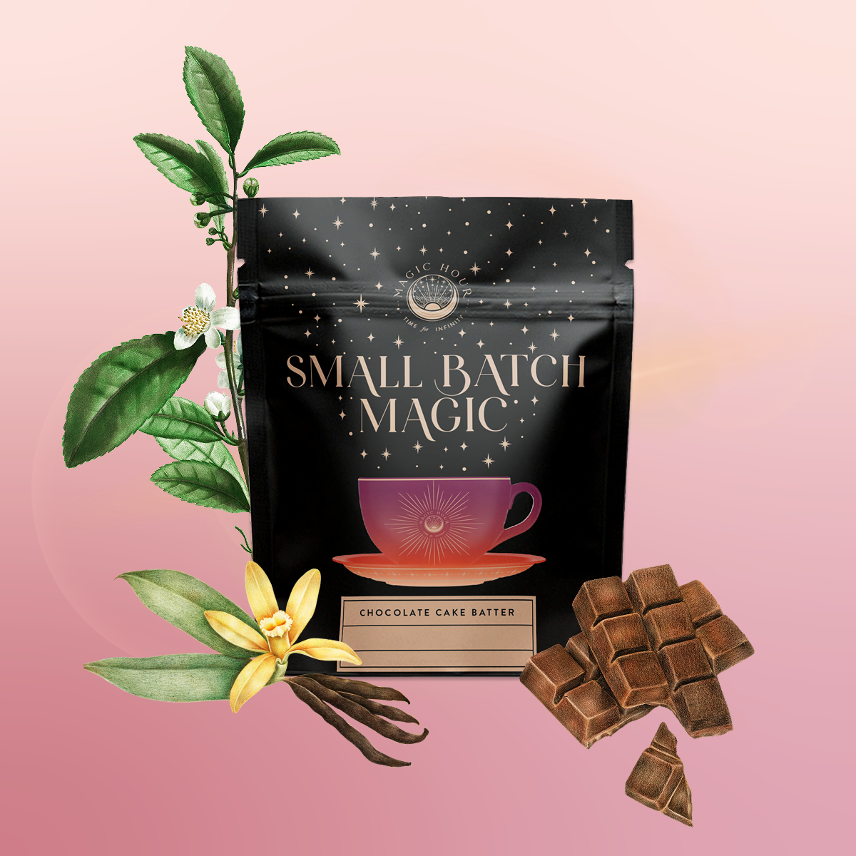 A black pouch labeled "Small Batch Magic Valentine’s 2026" with a teacup illustration rests among vanilla flowers, cocoa leaves, and chocolate squares, evoking notes of chocolate cake tea and Madagascar vanilla rooibos on a pink gradient background.