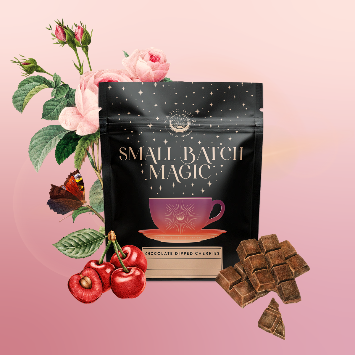 A black "Small Batch Magic Valentine’s 2026" package with a teacup and stars sits among pink roses, cherries, chocolate, and a butterfly—ideal for enjoying white tea or Madagascar vanilla rooibos on a pink gradient backdrop.