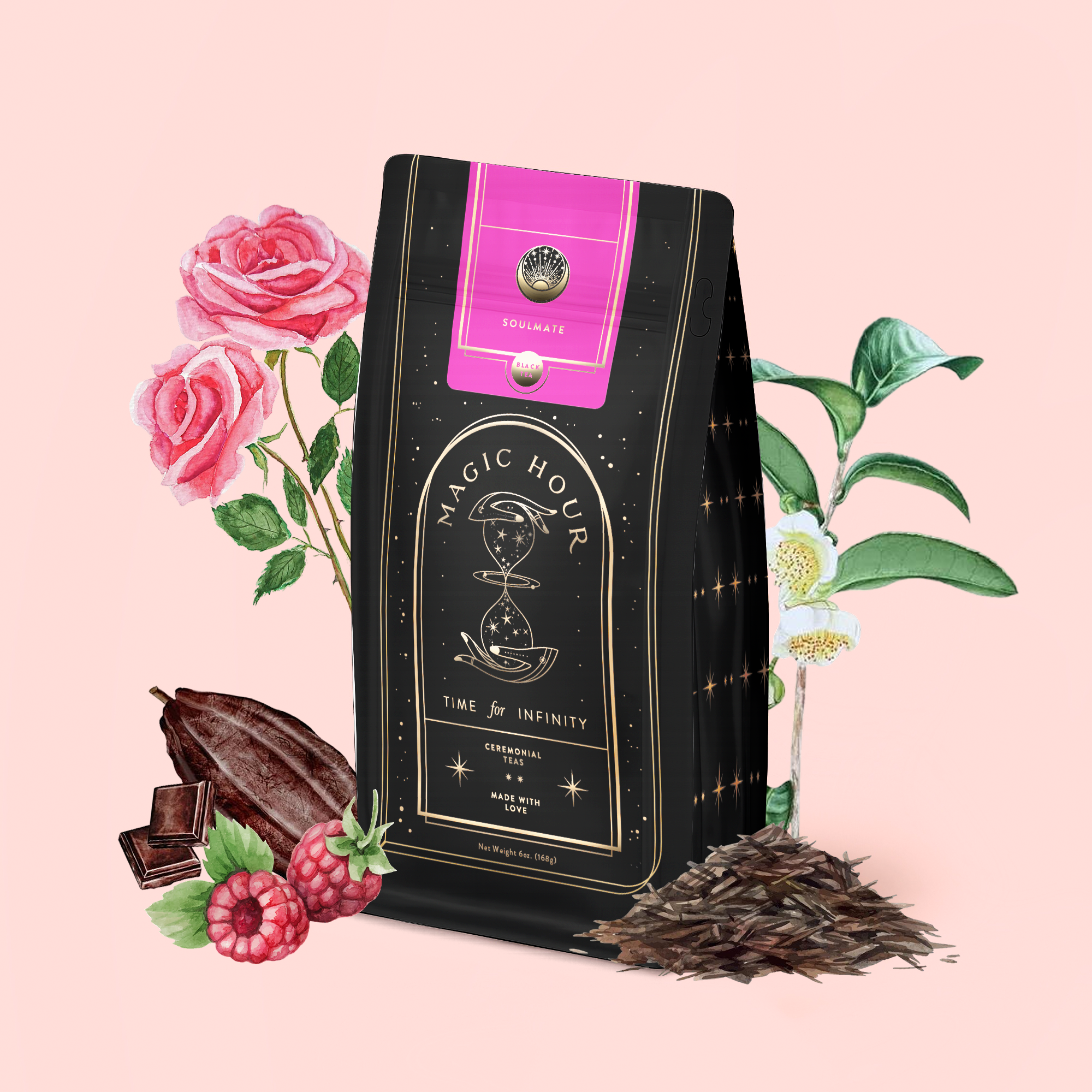 A black refill pouch of Soulmate: Chocolate-Raspberry-Rose Black Tea with a pink label is surrounded by illustrated roses, cacao pods, raspberries, and tea leaves on a pale pink background.