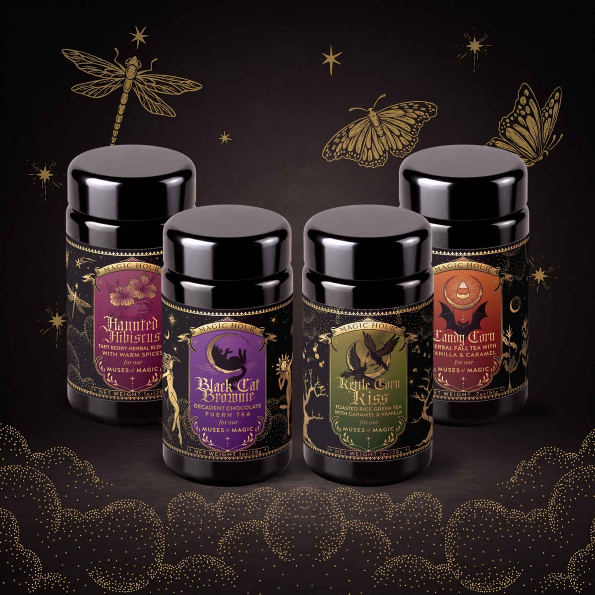 Four jars of the Spellbound Sips Bundle tea, featuring labels with mystical themes like a black cat, ravens, hibiscus, and candy corn, arranged against a dark background with gold illustrations of insects and stars.