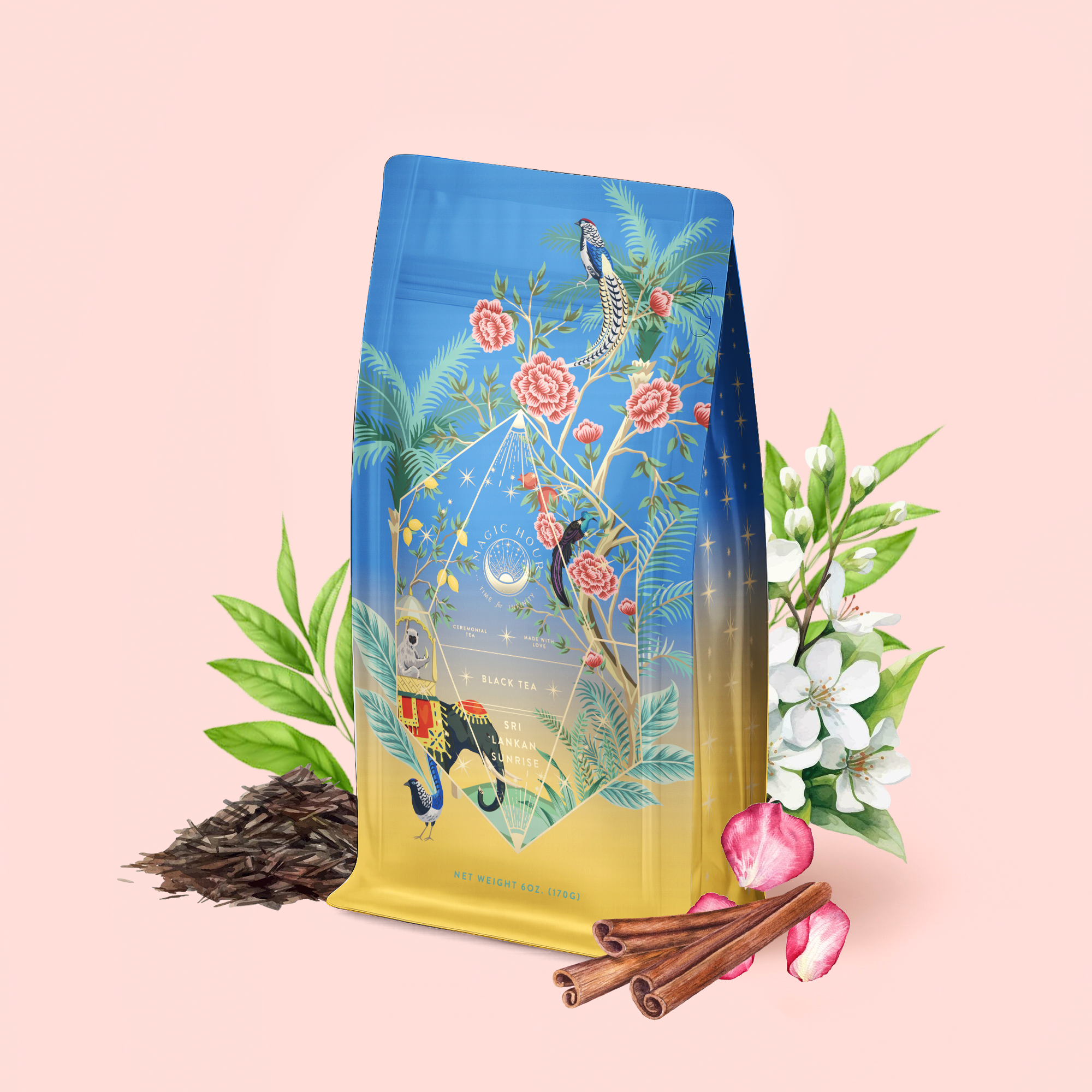 A vibrant Sri Lankan Sunrise tea package adorned with floral and bird illustrations stands amid tea leaves, cinnamon sticks, white blossoms, and pink petals on a pale pink background—perfectly capturing the essence of our organic black tea cardamom cinnamon blend.