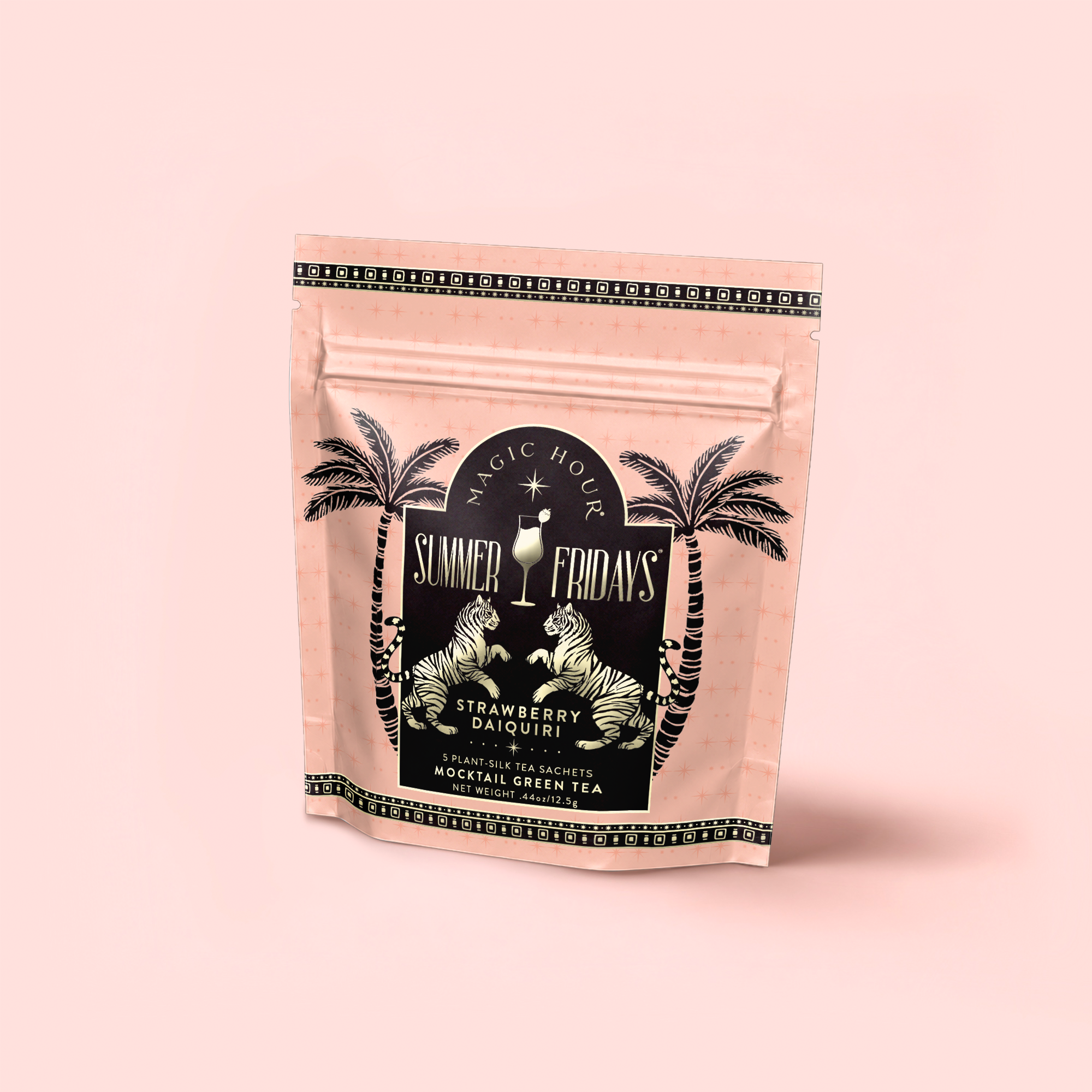 A stand-up pink pouch labeled "Summer Fridays" with palm trees and tigers contains Strawberry Daiquiri: Green Berry Mocktail Tea for Beautiful, Hydrated Skin from Within, set against a light pink background.