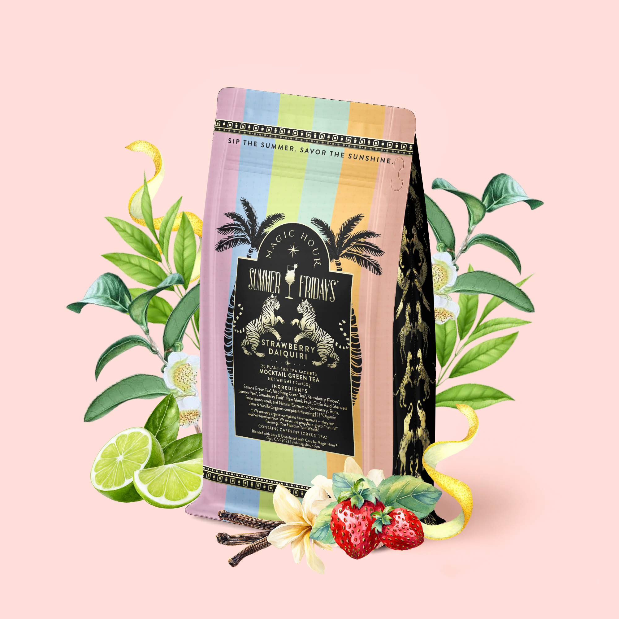 A vibrant coffee bag adorned with palm trees and playful text is surrounded by illustrated lime slices, strawberries, vanilla, and leaves on a light pink background—capturing the refreshing essence of our Strawberry Daiquiri: Green Berry Mocktail Tea for Beautiful, Hydrated Skin from Within. Perfect for summer tea lovers, this lively design showcases the colorful ingredients in our organic green tea blend.