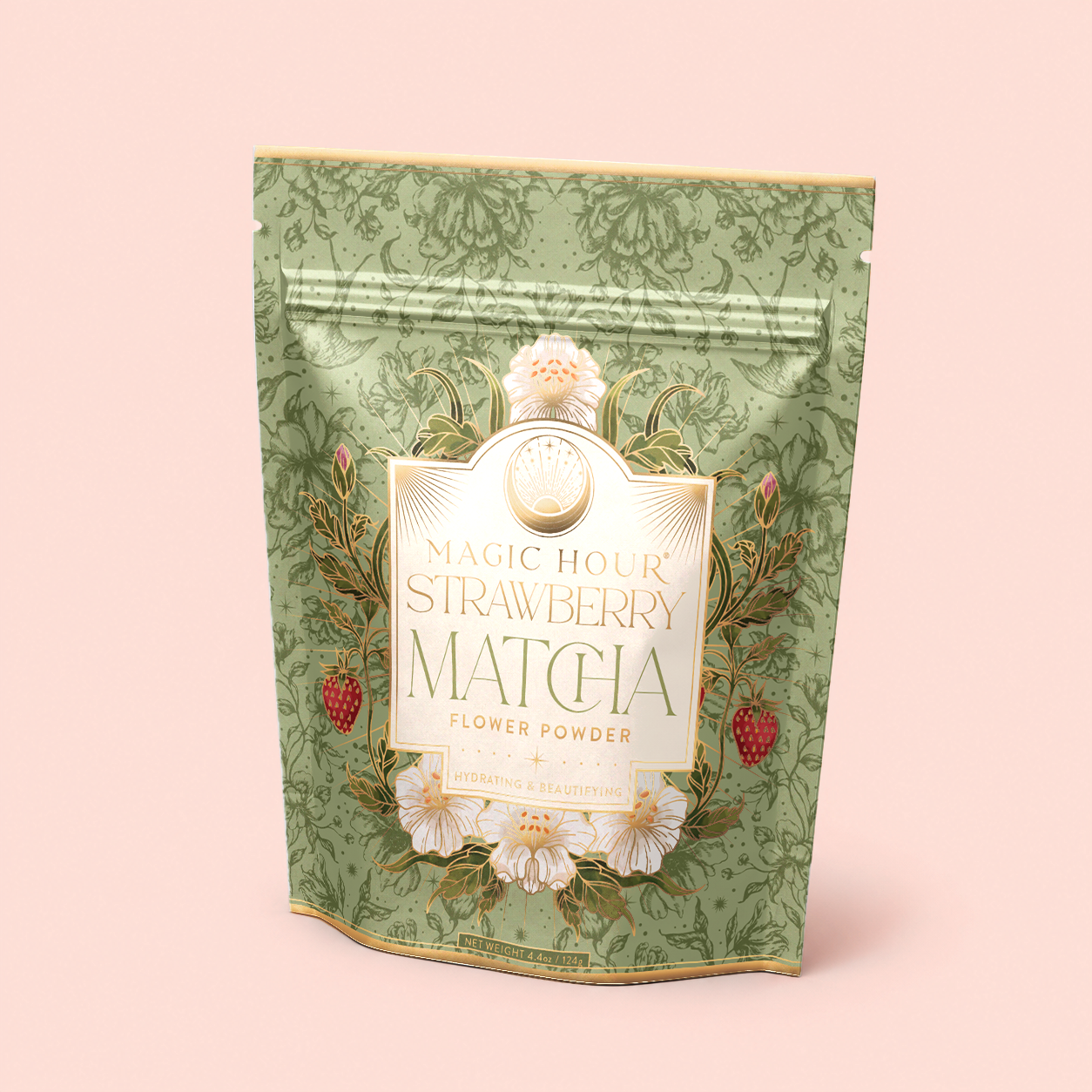 A green floral pouch labeled “Flower Powder: Strawberry Matcha”—adorned with strawberries and white flowers—stands on a light pink background, inviting you to experience the wellness benefits of this premium ceremonial matcha blend.