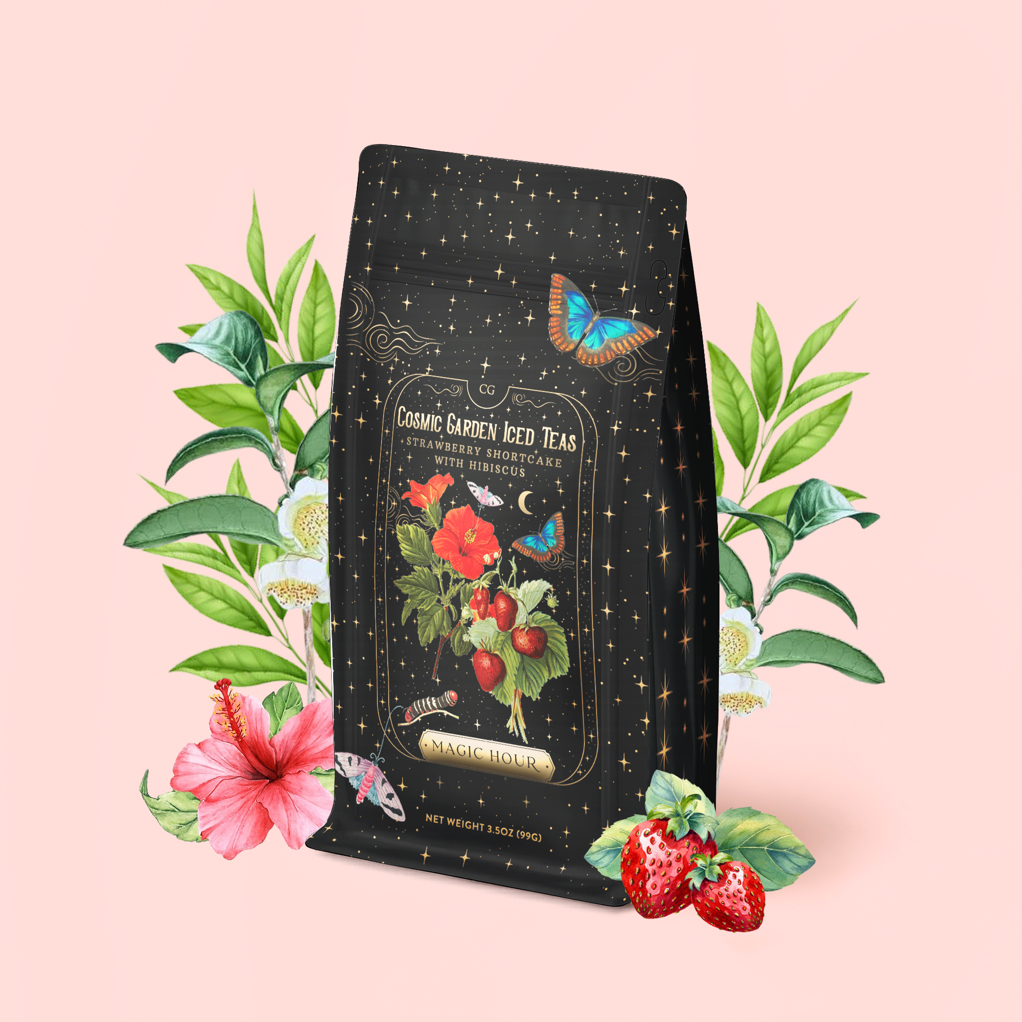 A tea bag labeled "Strawberry Shortcake Iced Tea with Hibiscus" features cosmic designs and strawberries, surrounded by illustrated flowers, leaves, and strawberries on a light pink background. The packaging includes a butterfly, capturing the delightful essence of creamy strawberry shortcake in every detail.