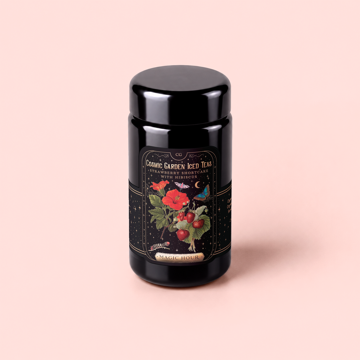 A black tea tin labeled “Strawberry Shortcake Iced Tea with Hibiscus” features colorful fruit and flower illustrations set against a pale pink background. Inside, discover a refreshing blend that perfectly captures the vibrant spirit of the design.