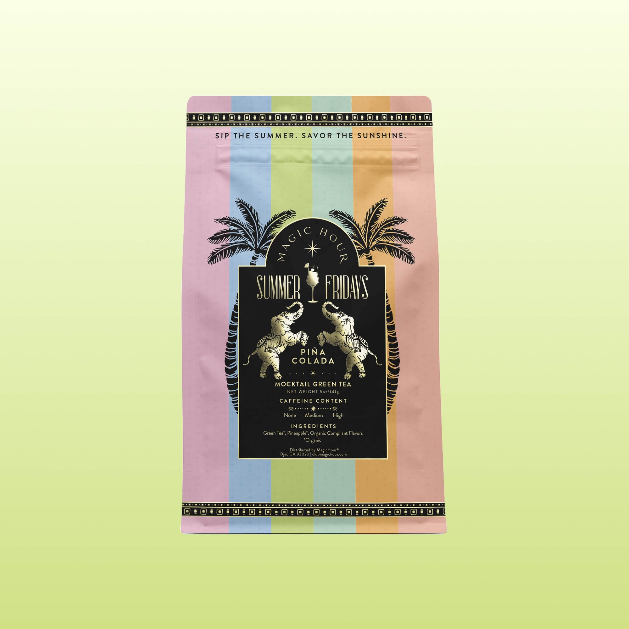 A pastel tea package features palm tree illustrations and a black label reading “Summer Fridays™: Pina Colada.” With a light green to yellow gradient background, it’s the perfect organic green tea for summer moments.