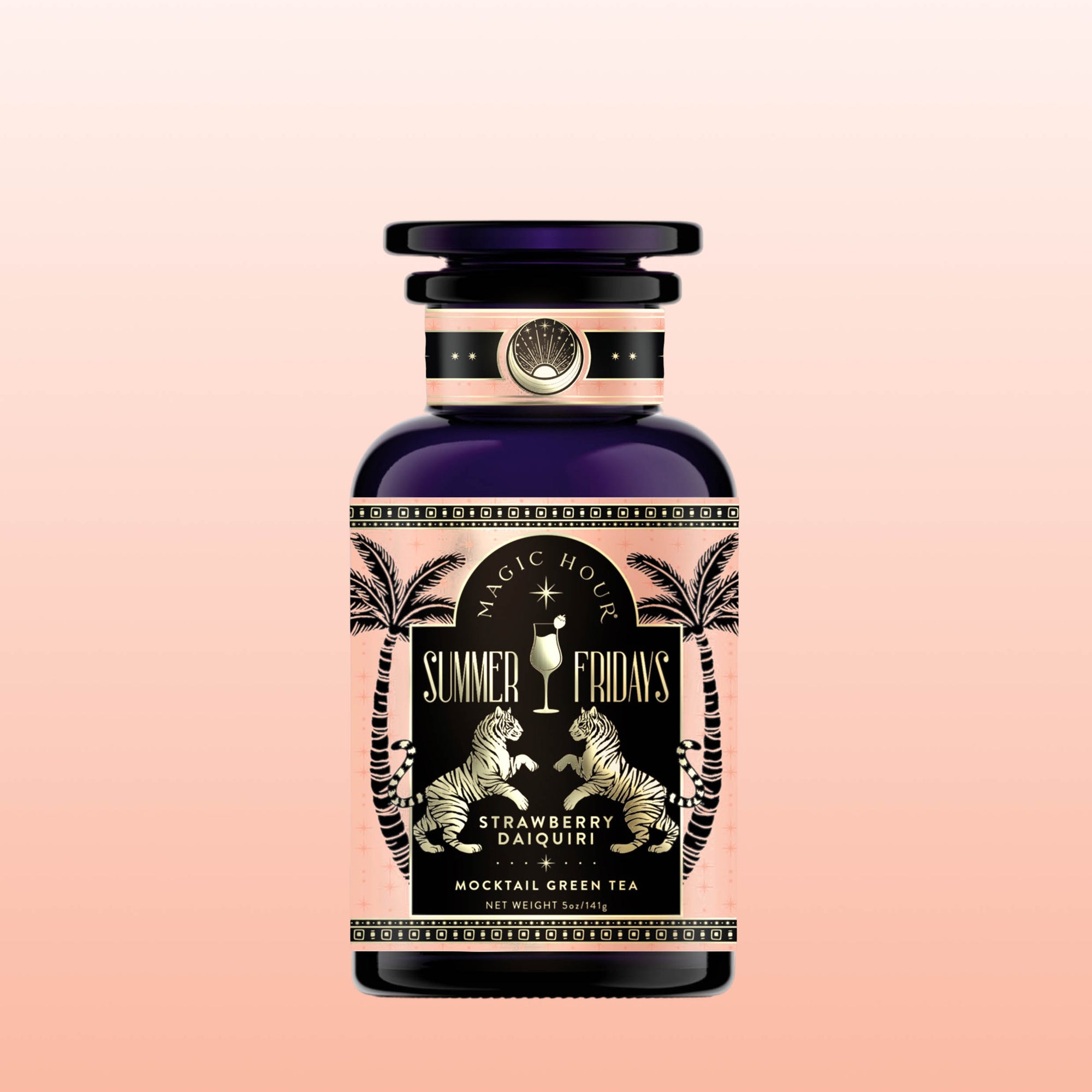 A dark glass bottle labeled "Summer Fridays™: Strawberry Daiquiri" features gold palm trees and zebras on a pink gradient, inspired by summer tea blends and Mai Tai Puerh Black Tea.