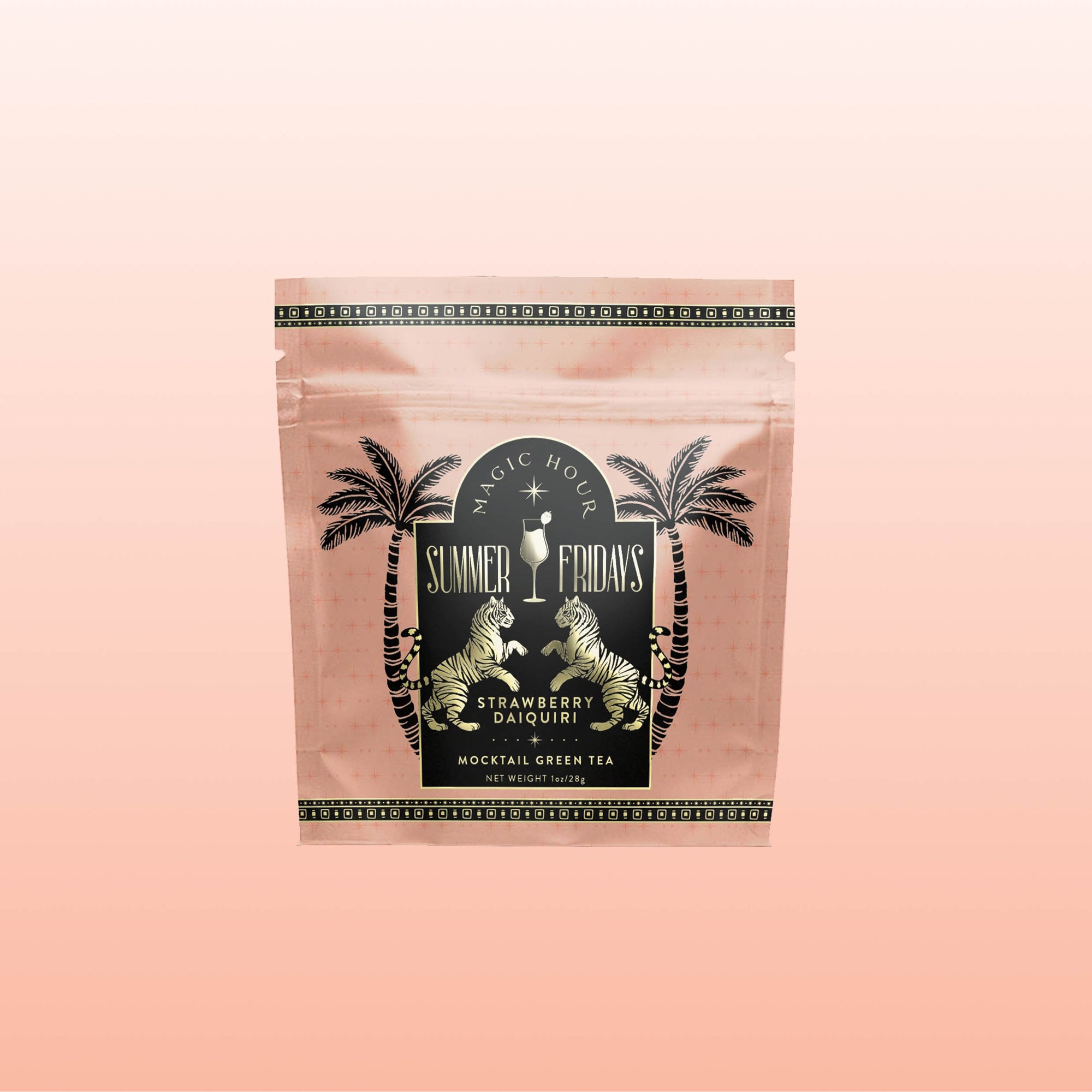 A pink resealable pouch labeled "Summer Fridays™: Strawberry Daiquiri," featuring palm tree and zebra art on a soft pink gradient, highlights this mocktail-inspired tea blend.