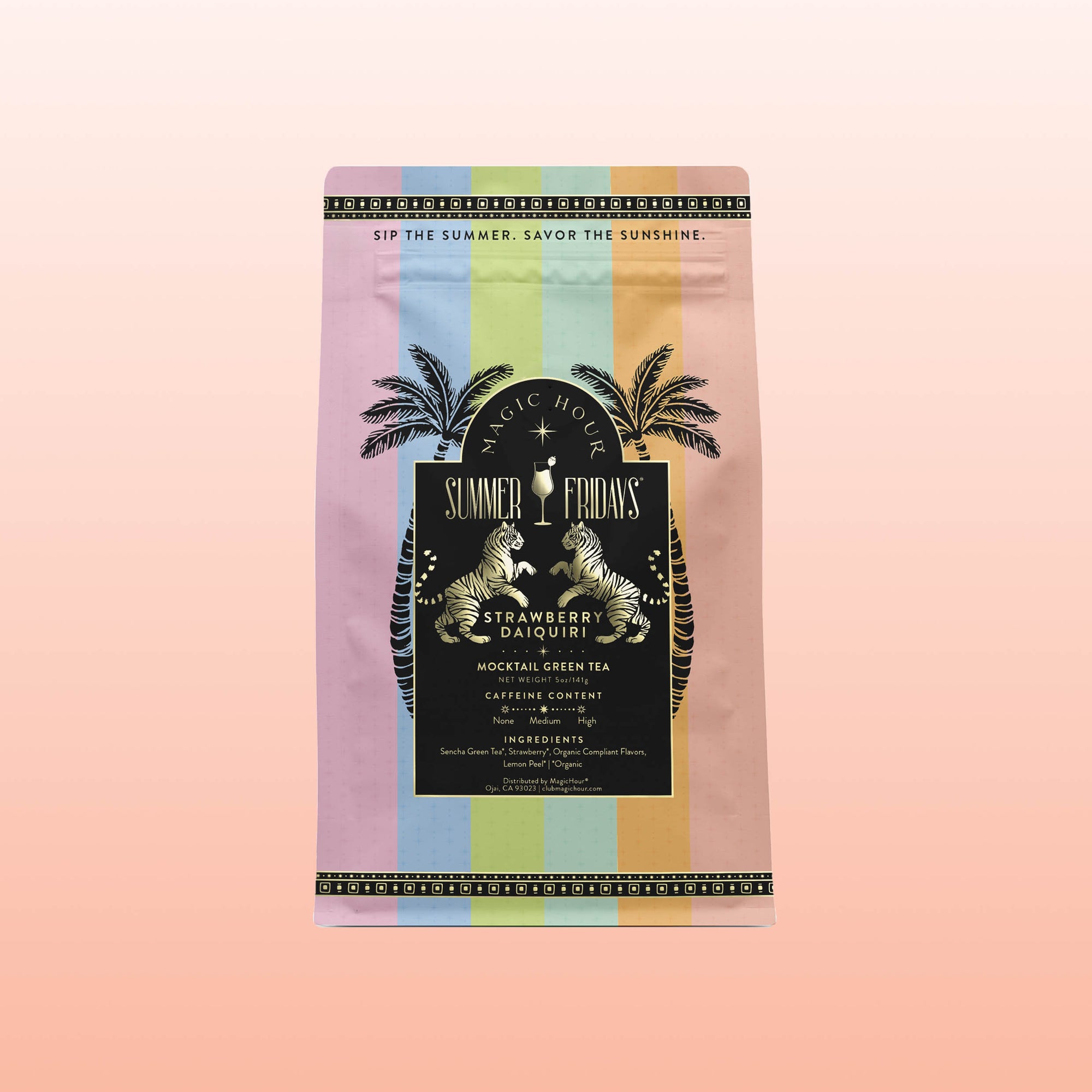 The Summer Fridays™: Strawberry Daiquiri tea features a vibrant package with palm trees and a sunset gradient, pairing mocktail-inspired green tea and low caffeine for a delicious, summery sip.