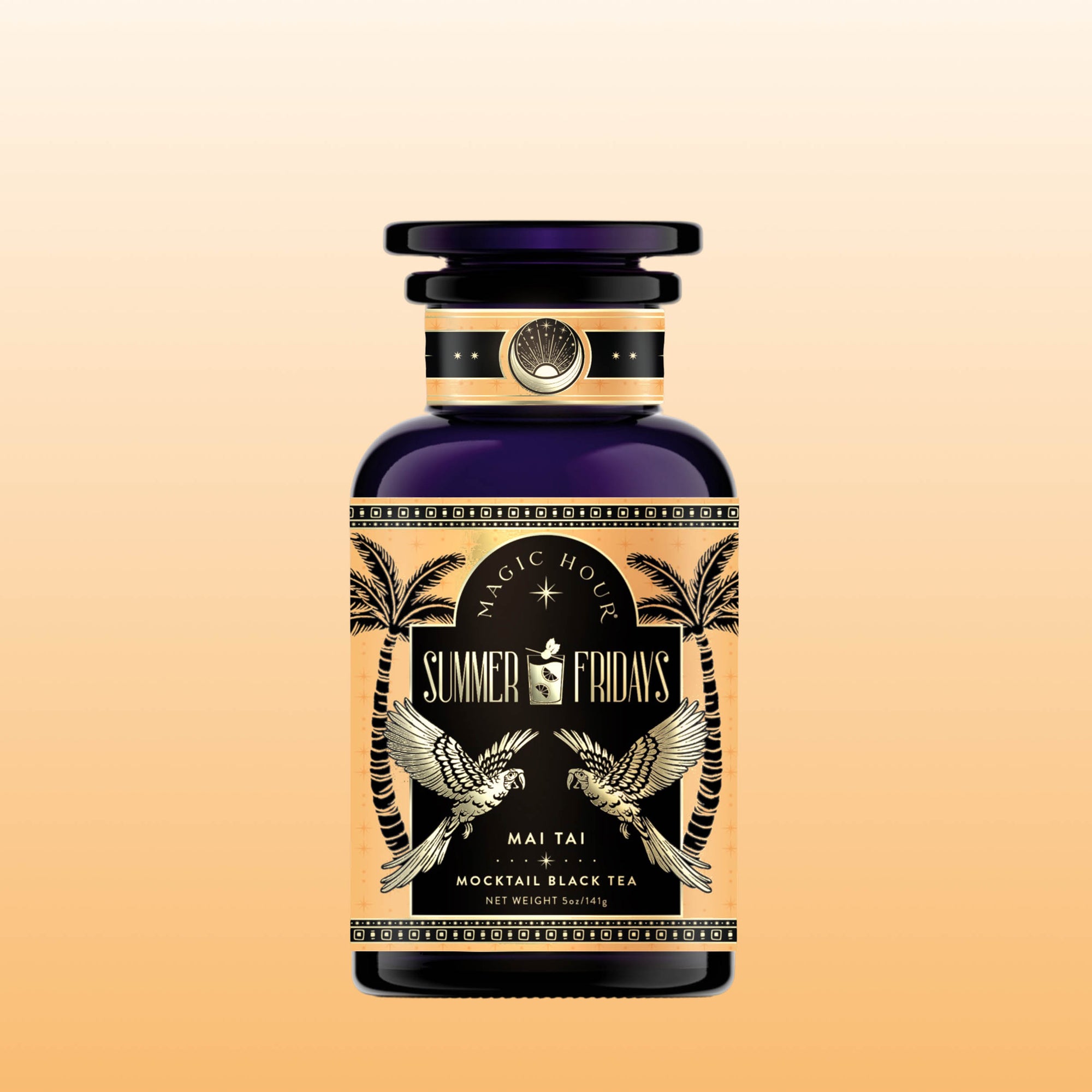 A dark glass bottle labeled "Summer Fridays™: Mai Tai" with gold details, palm trees, and parrots on the label sits against a peach gradient background. The bottle contains a refreshing zero-proof black tea mocktail inspired by the classic Mai Tai.