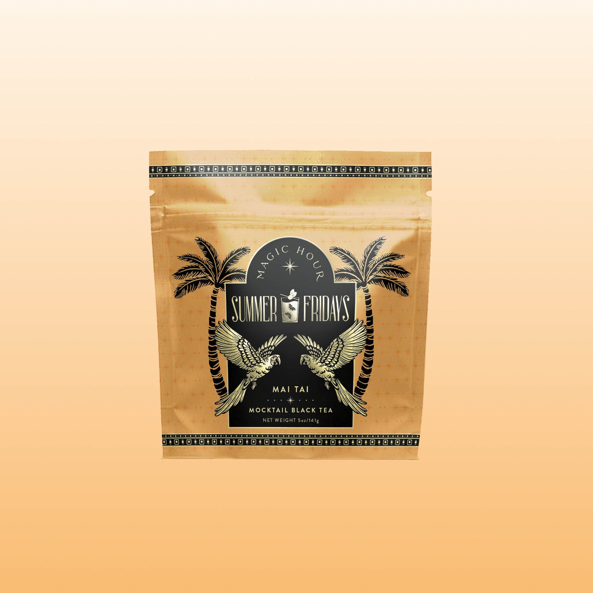 A tan, resealable tea pouch labeled "Summer Fridays™: Mai Tai," with palm trees and parrots, creates a zero-proof cocktail vibe on a gradient peach background.