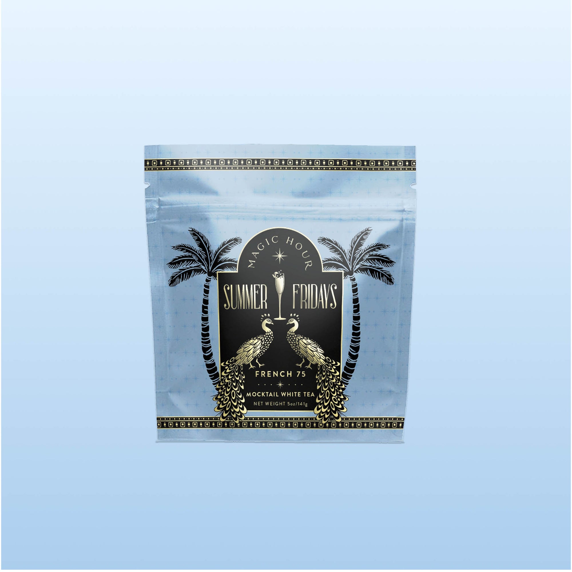 A silver packet labeled "Summer Fridays™: French 75" features two gold peacocks and palm trees, with "White Tea" made from Silver Needle white tea written below, set against a light blue background.