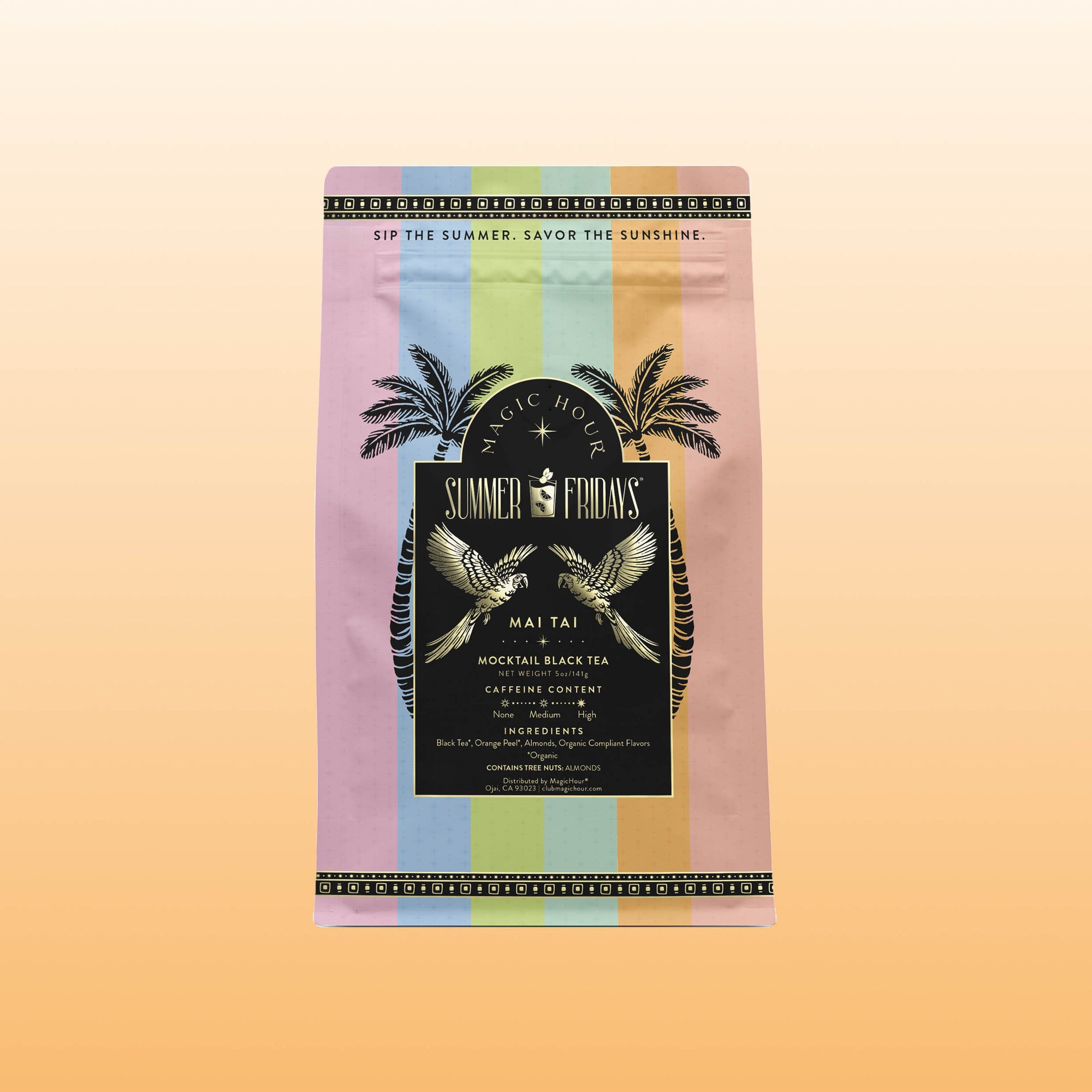 A pouch of Summer Fridays™: Mai Tai black tea, inspired by zero-proof cocktails, features pastel stripes, palm trees, and gold accents on an orange gradient background.