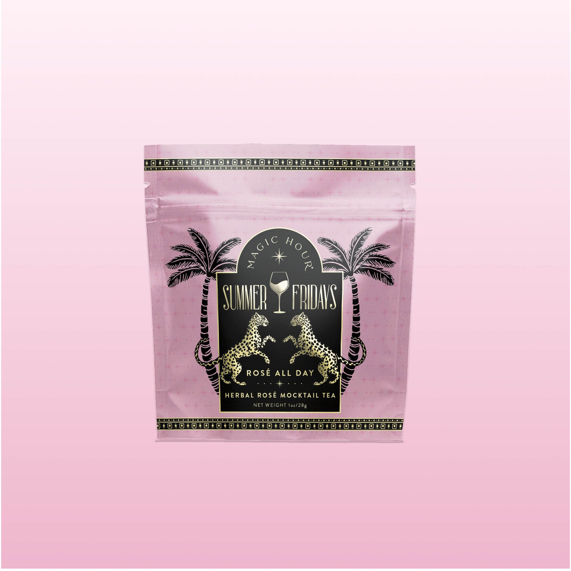 A pink resealable pouch labeled "Summer Fridays™: Rose All Day" features palm trees, leopards, and a cocktail glass. This alcohol-free herbal rose mocktail tea blends tropical fruits on a gradient pink background.