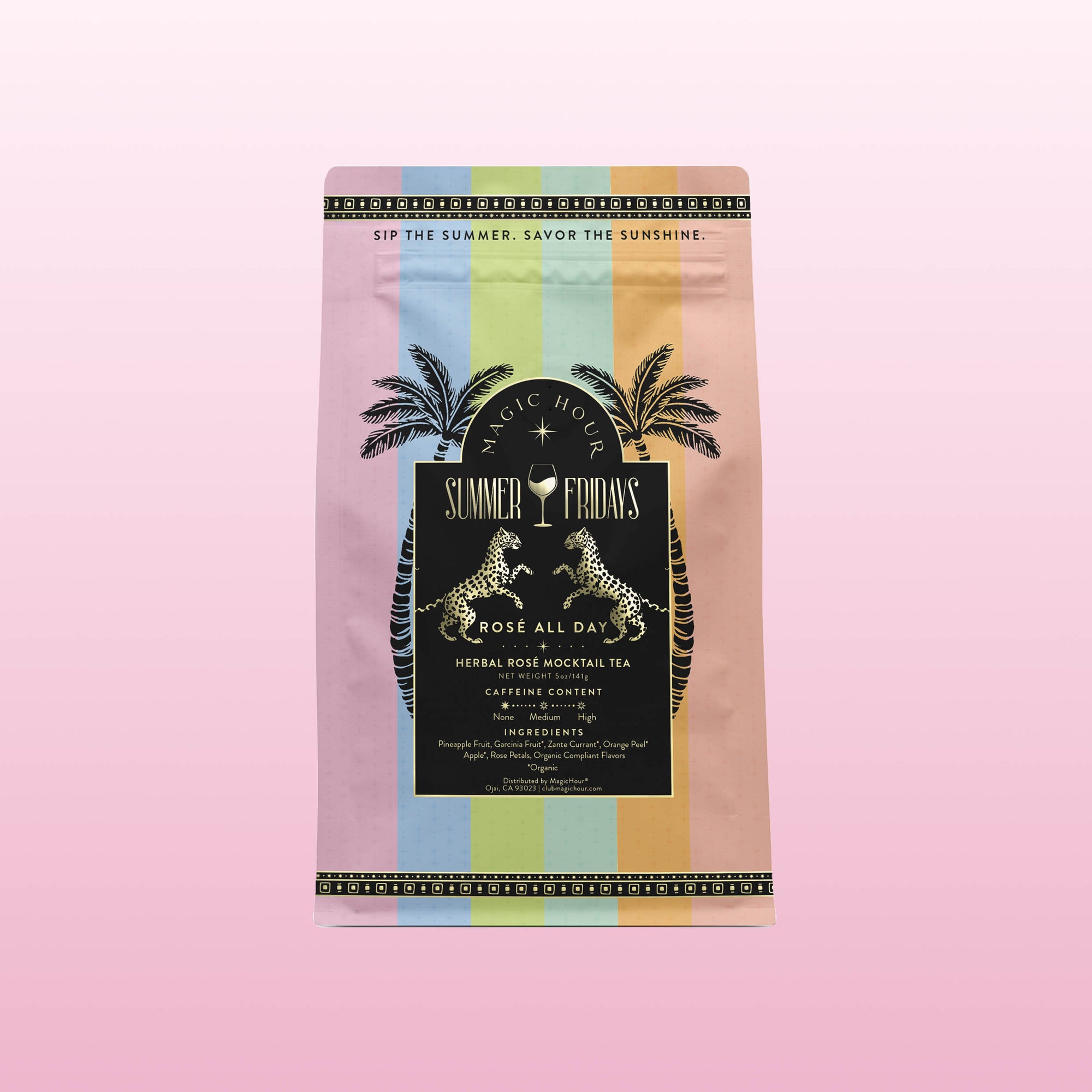 The pastel rainbow package of Summer Fridays™: Rose All Day displays palm trees, leopards, and gold borders on a pink gradient—an alcohol-free rosé alternative with a tropical fruit blend.