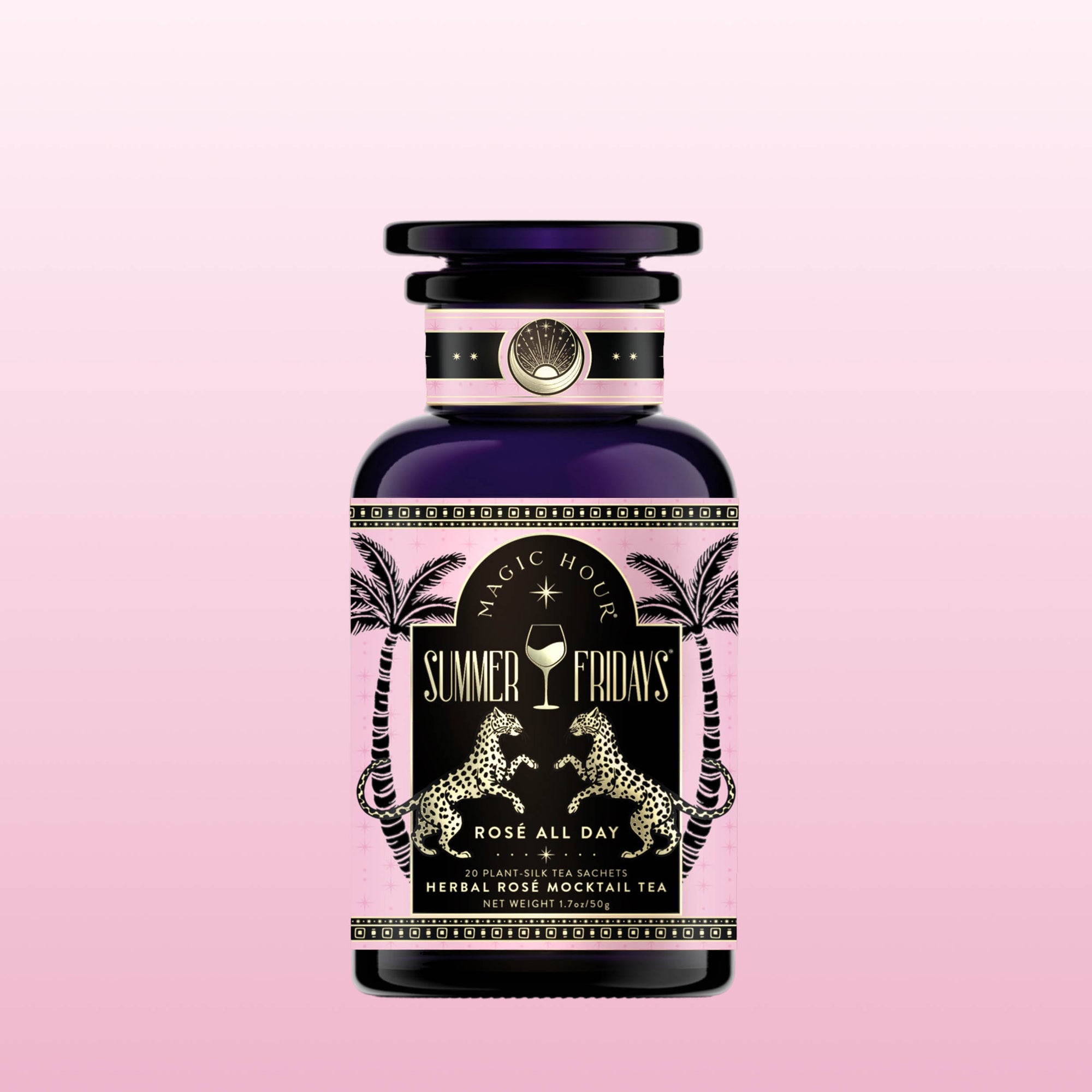 A dark purple bottle labeled "Summer Fridays™: Rose All Day" features palm tree and leopard designs with gold accents, set on a light pink gradient. It’s an alcohol-free rosé alternative with a refreshing tropical fruit blend.