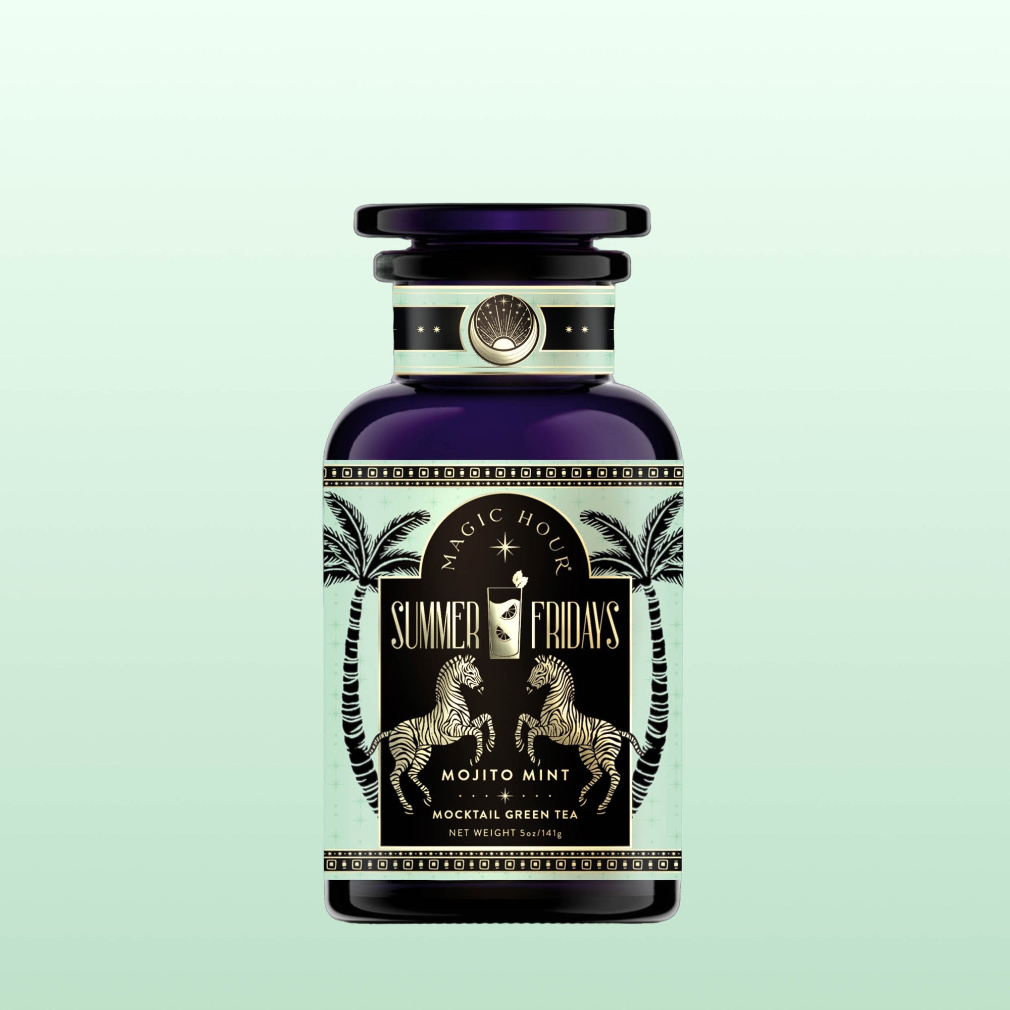 A dark glass bottle labeled “Summer Fridays™: Mojito Mint,” with zebras, palm trees, and a gold cap, set on a mint green background—a refreshing, zero-proof indulgence.