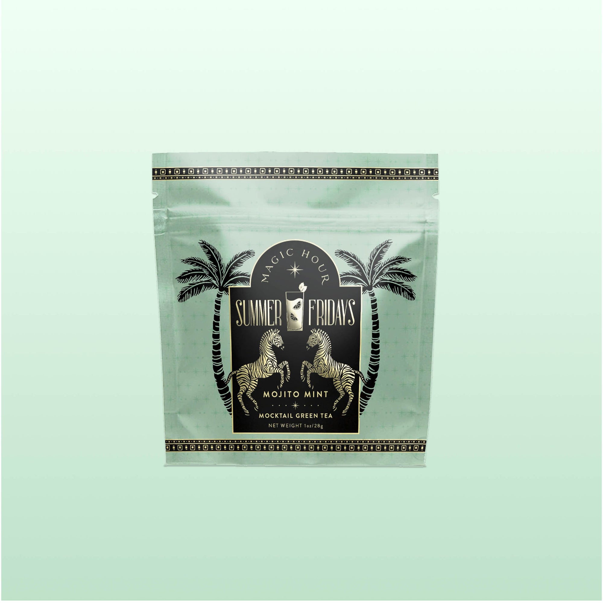 A pastel green resealable pouch labeled "Summer Fridays™: Mojito Mint" with a black and gold circular logo, palm trees, and zebras contains this peppermint green tea—a zero-proof cocktail in a cup by Magic Hour.