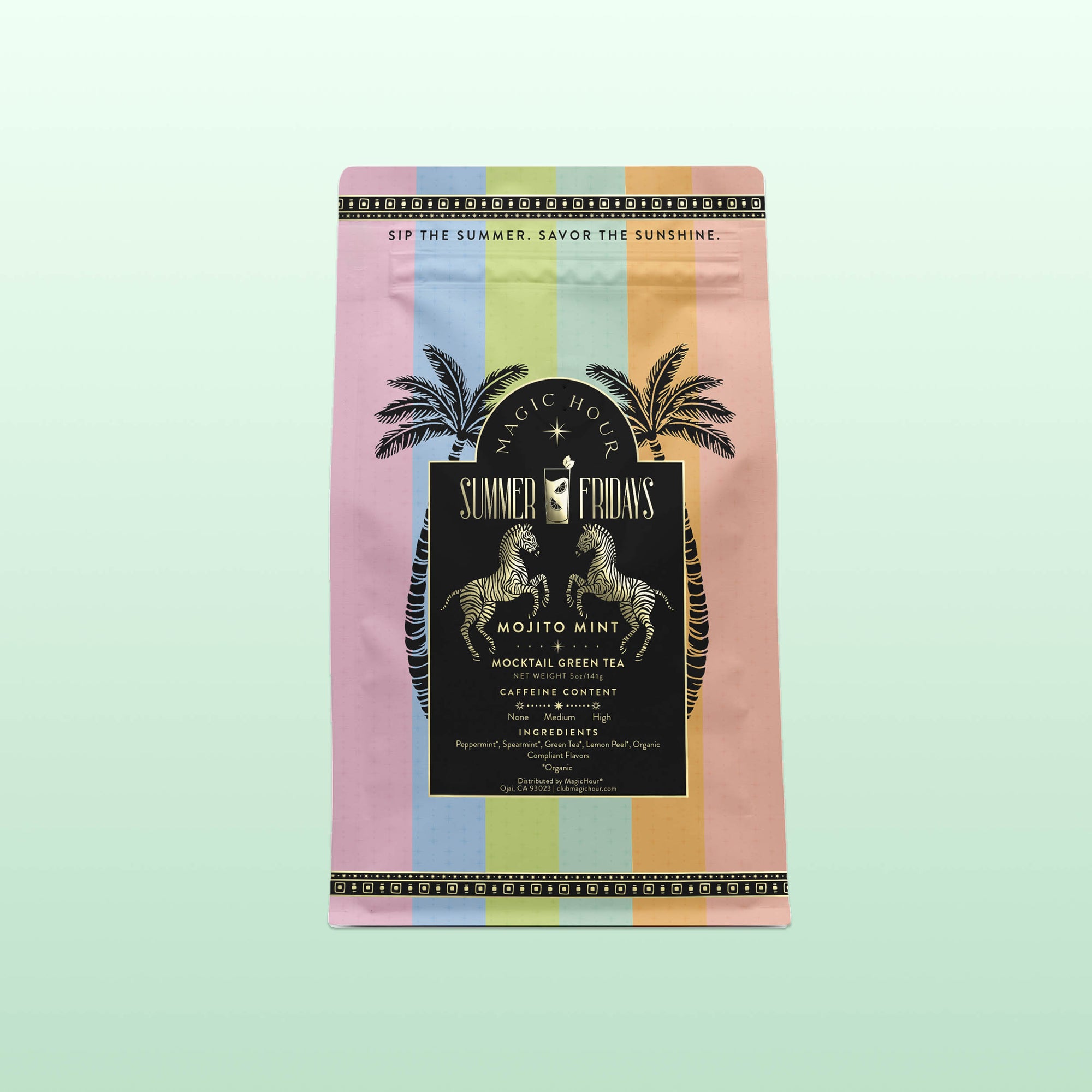 A pastel package of Summer Fridays™: Mojito Mint features palm trees, zebras, a rainbow gradient background, and highlights refreshing zero-proof details and ingredients on the front.