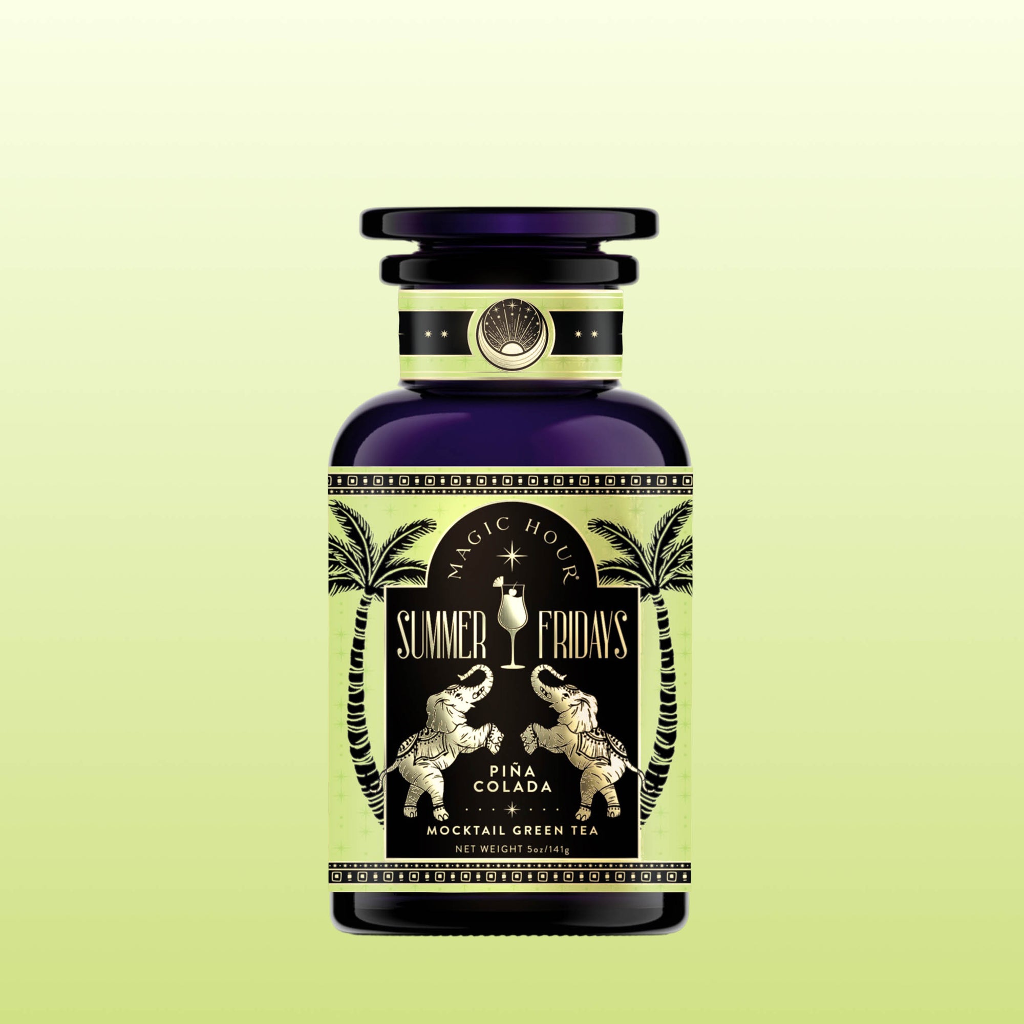 A dark bottle labeled "Summer Fridays™: Pina Colada," adorned with gold elephants, palm trees, and an ornate border, evokes a refreshing organic green tea experience against a light green gradient background.