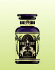 A dark bottle labeled "Summer Fridays™: Pina Colada," adorned with gold elephants, palm trees, and an ornate border, evokes a refreshing organic green tea experience against a light green gradient background.