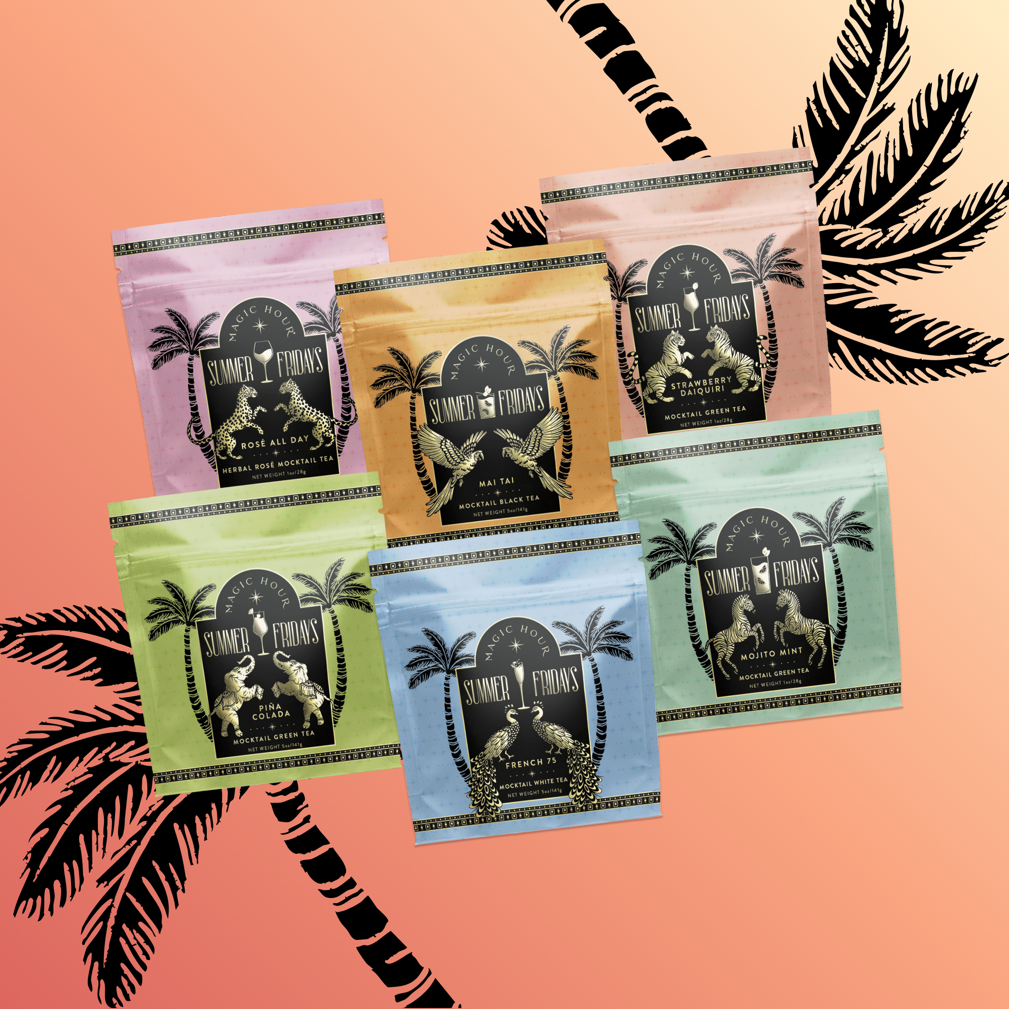 Six colorful resealable pouches of the Summer Fridays: Wellness Mocktail Tea Bundle are arranged in two rows against a pink and orange tropical background with black palm leaf silhouettes, capturing the vibrant spirit of wellness teas.