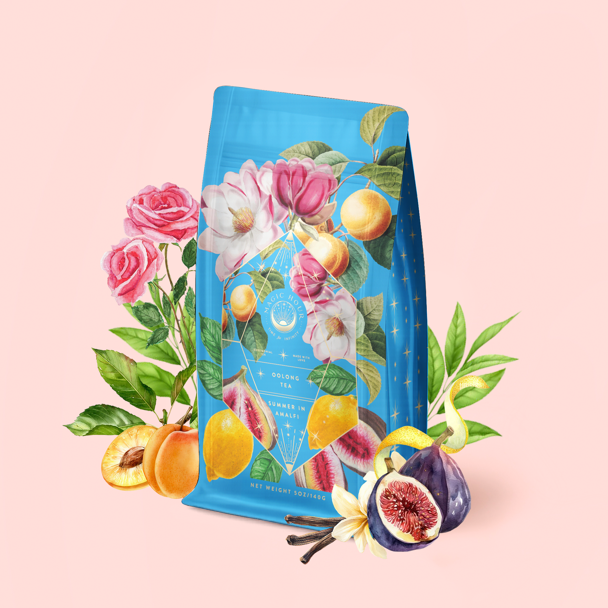 A blue "Summer in Amalfi" tea package adorned with illustrated flowers, peaches, figs, and leaves, surrounded by matching fruits and blossoms on a soft pink background. The design evokes the refreshing blend inside—green tea oolong enhanced with organic lemon peel.