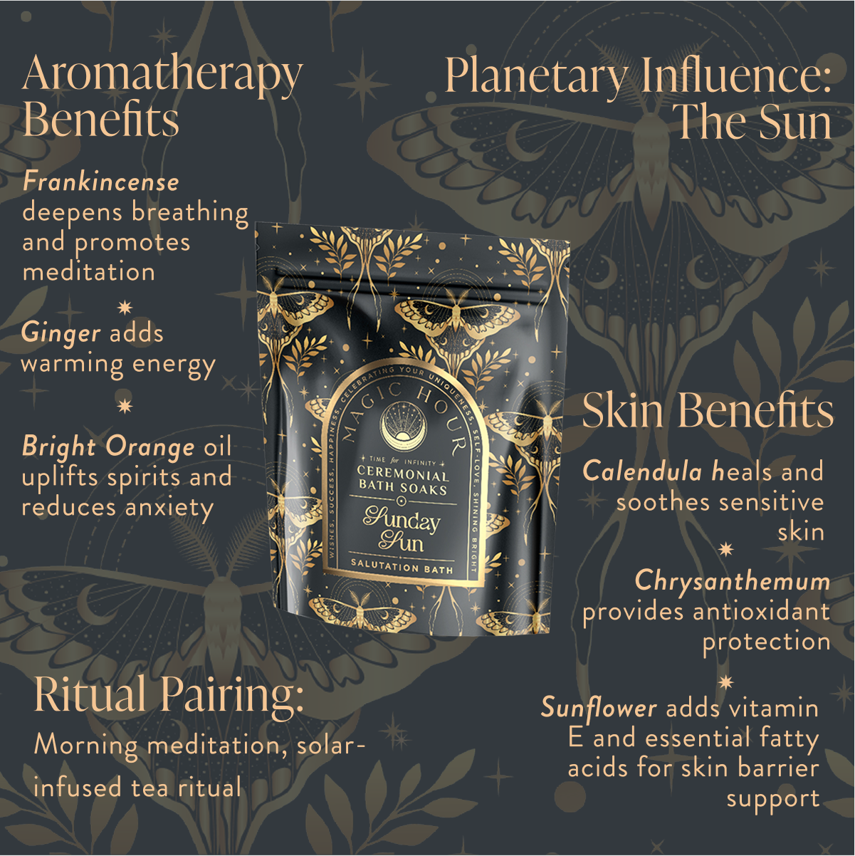 A decorative image showcases Ceremonial Bath Soaks - Luxe Refill Pouch, emphasizing aromatherapy benefits, planetary influence, skin benefits, and self-care rituals. Design elements include floral and celestial patterns on a dark background.