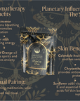 A decorative image showcases Ceremonial Bath Soaks - Luxe Refill Pouch, emphasizing aromatherapy benefits, planetary influence, skin benefits, and self-care rituals. Design elements include floral and celestial patterns on a dark background.