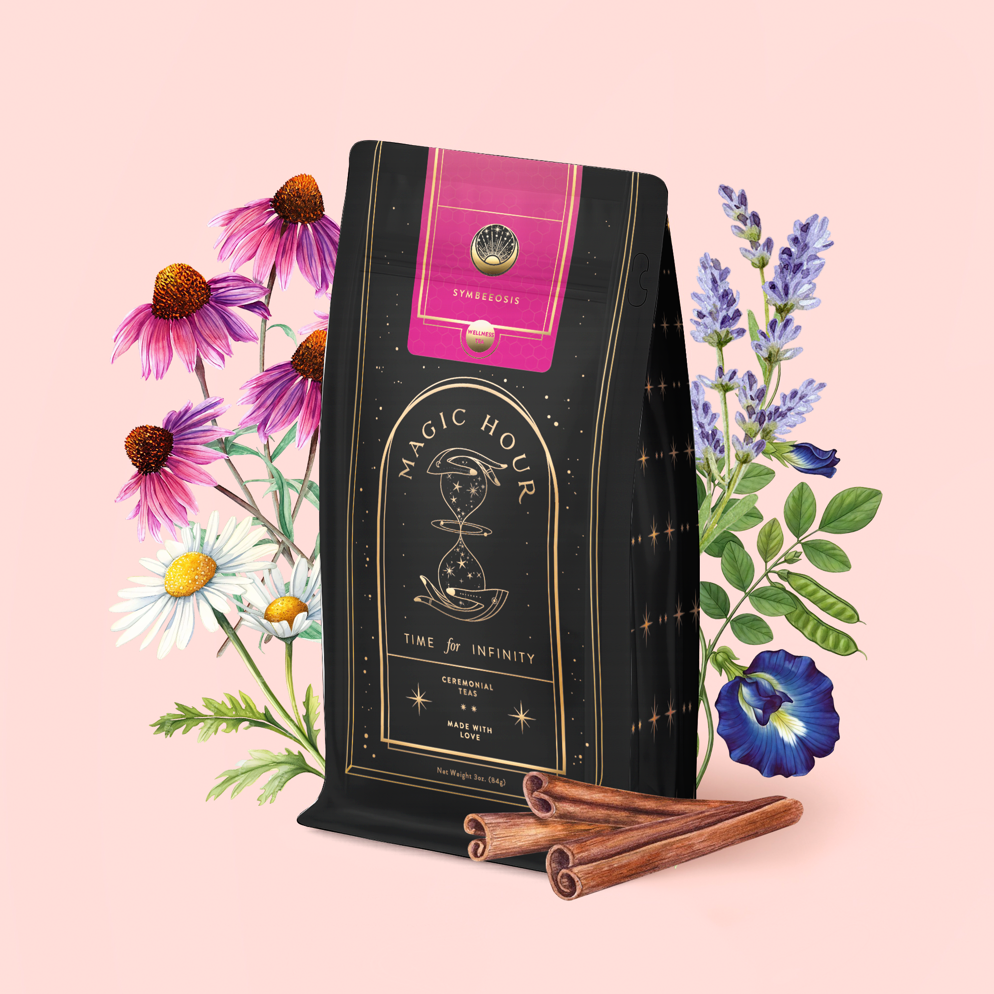 A Symbeeosis: Chamomile Elderberry Green Tea Refill Pouch stands amid illustrated chamomile, elderberry, green tea leaves, and cinnamon sticks—a vibrant wellness tea blend set against a pale pink background.