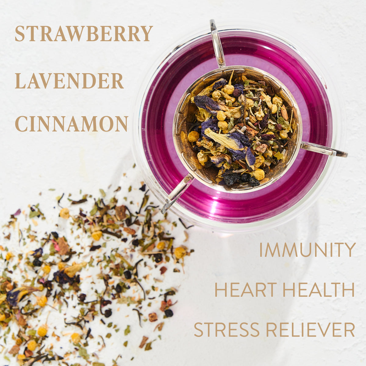 A top view of a glass teacup containing vibrant purple organic tea with various loose herbs. Surrounding the cup are scattered herbs. Text on the image lists ingredients and benefits: "Strawberry, Lavender, Cinnamon" and "Immunity, Heart Health, Stress Reliever." Discover Symbeeosis: Beautifying Immunitea for the Queen Bee by Magic Hour today.