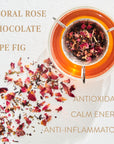 A glass cup filled with tea and rose petals rests on a white surface, surrounded by scattered rose petals. Text reads: "Taurus: Tea of Venusian Garden Delights Sampler Pouch - FLORAL ROSE, CHOCOLATE, RIPE FIG, ANTIOXIDANT RICH COFFEE LEAF, CALM ENERGY, ANTI-INFLAMMATORY.