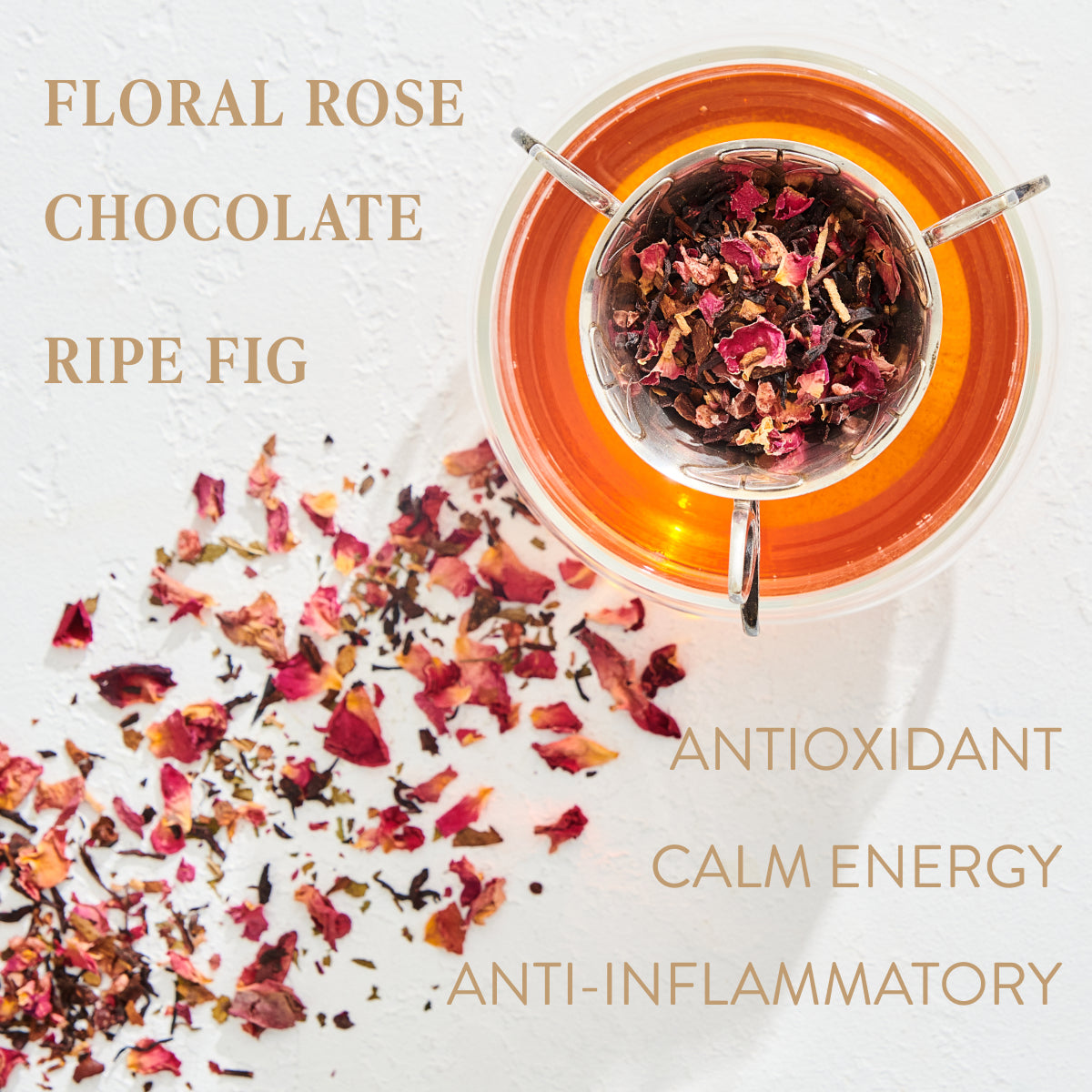 A glass teacup containing a blend of floral rose petals and ripe figs sits on a saucer filled with the same mixture. Surrounding text reads: “Magic Hour, Taurus: Tea of Venusian Garden Delights, Floral Rose, Chocolate, Ripe Fig, Antioxidant, Calm Energy, Anti-Inflammatory.”