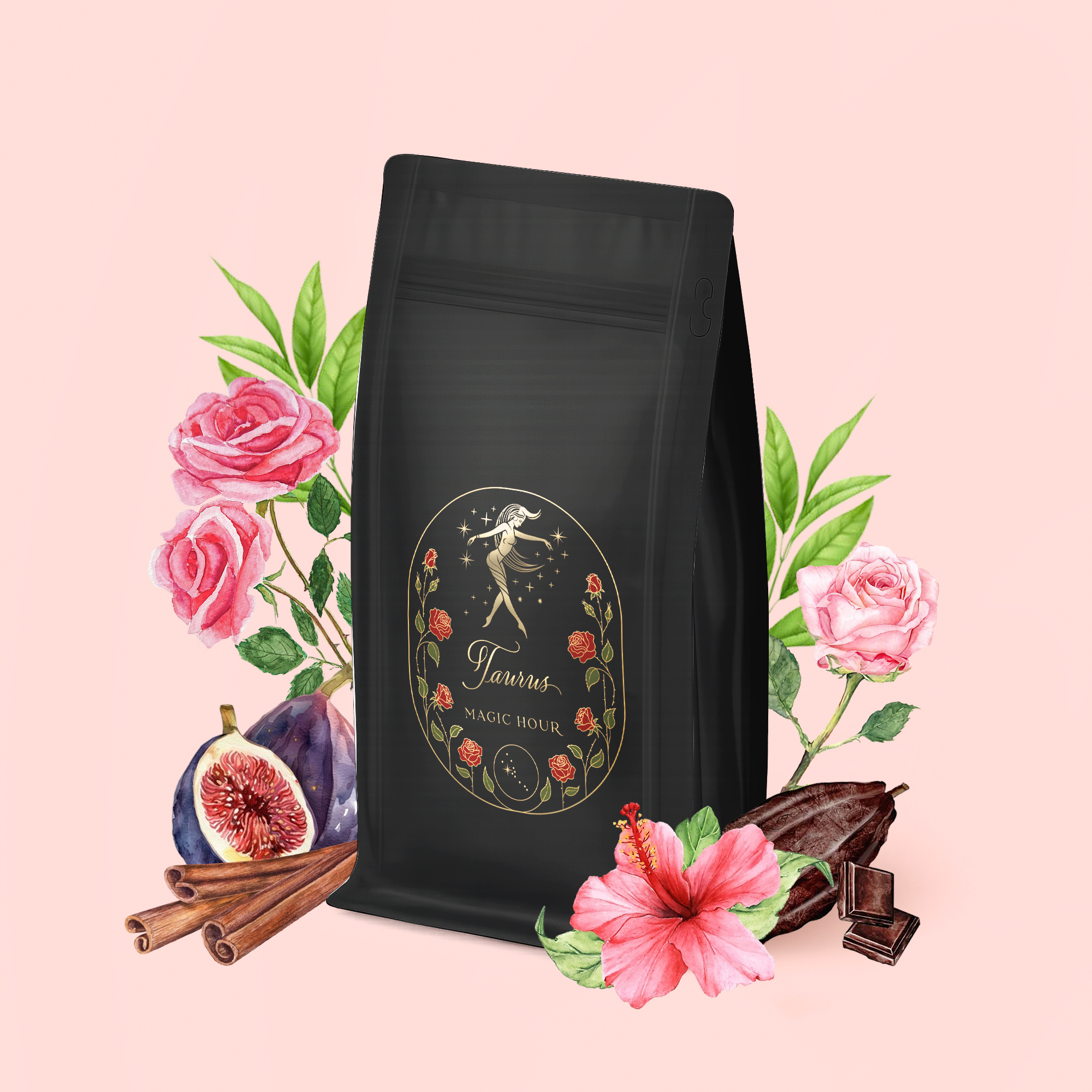 A bag of Taurus: Tea of Venusian Garden Delights with a decorative label is set among roses, hibiscus, figs, cinnamon sticks, cocoa pods, coffee leaves, and chocolate pieces on a pale pink background.