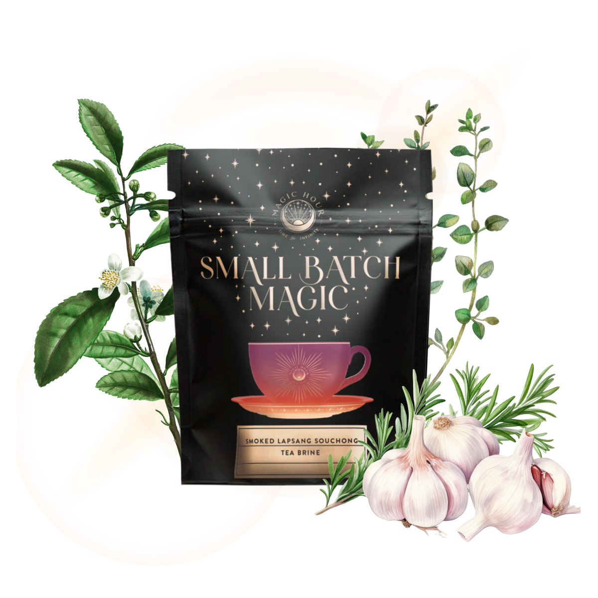 A black bag labeled "Small Batch Magic" features a pink teacup, tea leaves, herbs, and garlic. The Lapsang Souchong Turkey Brine is infused with smoked black tea, offering a rich, unique flavor for gourmet turkey dishes.