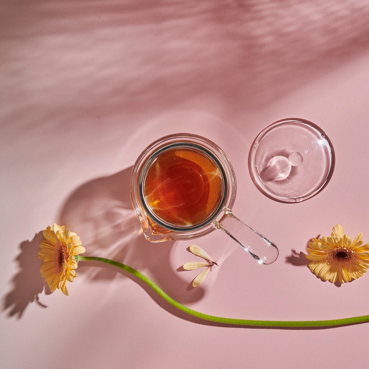 A glass cup filled with loose leaf tea sits on a light pink surface next to a Tea-in-Hand: The Perfect Steep Side-pour Ceremonial Teapot made of borosilicate glass by Espresso Parts. Two yellow daisies and their shadows are visible, one lying horizontally across the table and the other at an angle, adding a touch of nature to the setting.