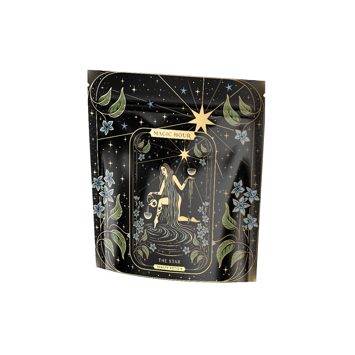 A black tea packaging displaying an intricate illustration of &quot;The Star&quot; tarot card. The design features a woman pouring water, surrounded by a celestial theme with stars and decorative floral elements. Text reads &quot;Magic Hour&quot; and &quot;The Star: Vanilla-Ginger Beauty Potion with Jasmine &amp; Shatavari&quot;. Indulge in this organic loose leaf tea for a truly magical experience.