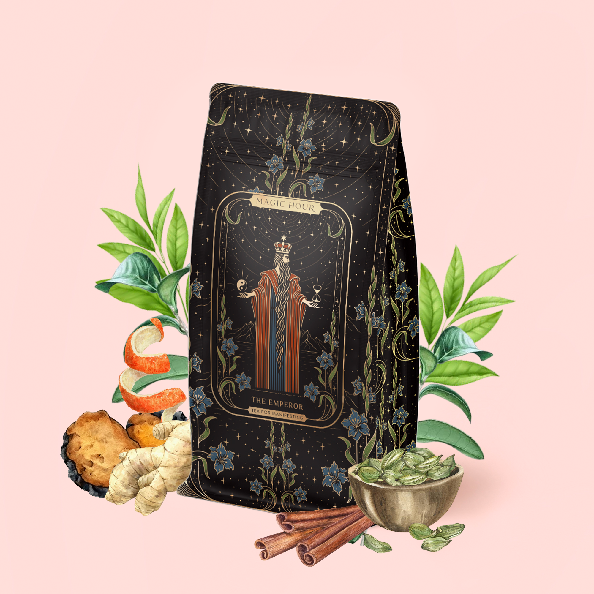 A decorative tea package labeled "The Emperor: Green Chaga Chai with Lion's Mane and Reishi" is surrounded by tea leaves, Gunpowder green tea, cardamom pods, cinnamon sticks, turmeric, and other herbs on a pale pink background—an enticing arrangement that suggests a distinctive blend designed for immune support.