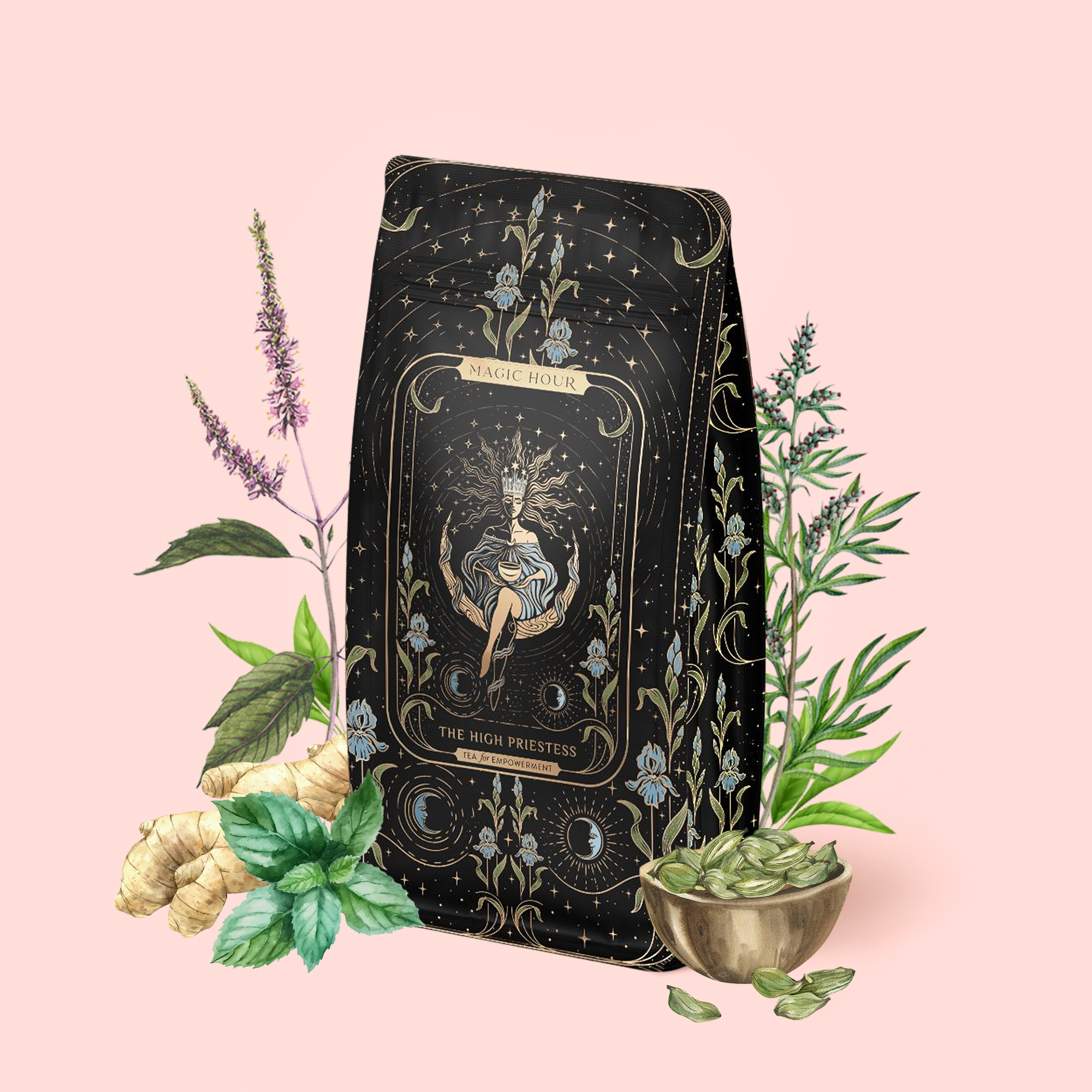 The High Priestess Ginger-Mint-Cardamom Tea Refill Pouch features mystical artwork on a decorative package, surrounded by botanical elements like mint, rosemary, ginger, and cardamom pods against a light pink background. This enchanting presentation perfectly captures the soothing essence of this premium caffeine-free herbal tea.