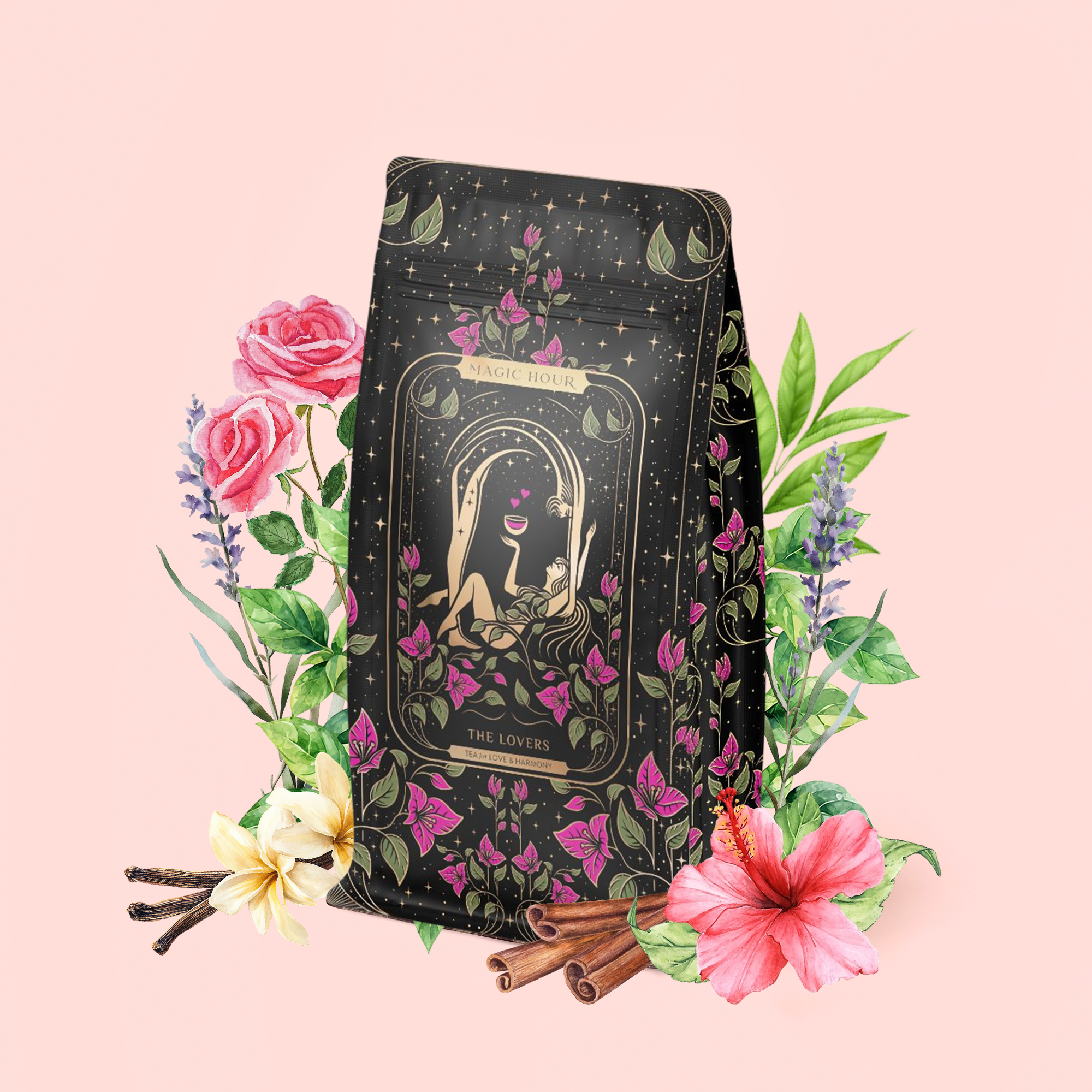 A decorative package of The Lovers Hibiscus-Cinnamon-Vanilla Love Potion, adorned with floral and mystical motifs, stands among flowers, cinnamon sticks, vanilla pods, and leaves—creating an enchanting tableau that suggests the balancing herbs inside for women. Set against a soft pink backdrop, this tea blend evokes a sense of calm sensuality.
