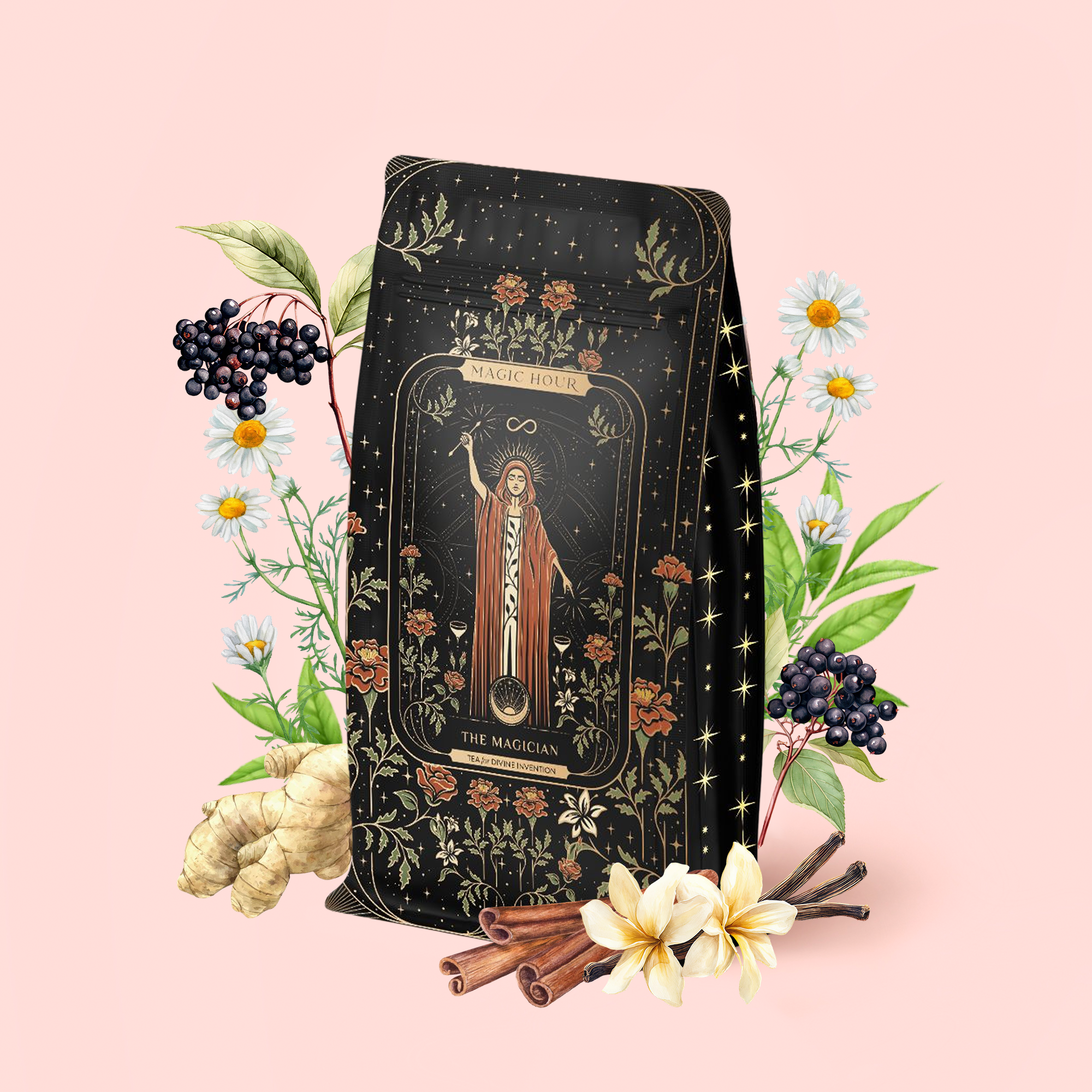 A decorative refill pouch for The Magician - Elderberry-Ginger-Vanilla Herbal Tea features an enchanting mystical design with a robed figure surrounded by flowers, elderberries, ginger, cinnamon sticks, and vanilla pods on a pale pink background. This organic herbal blend is celebrated for its wellness benefits.