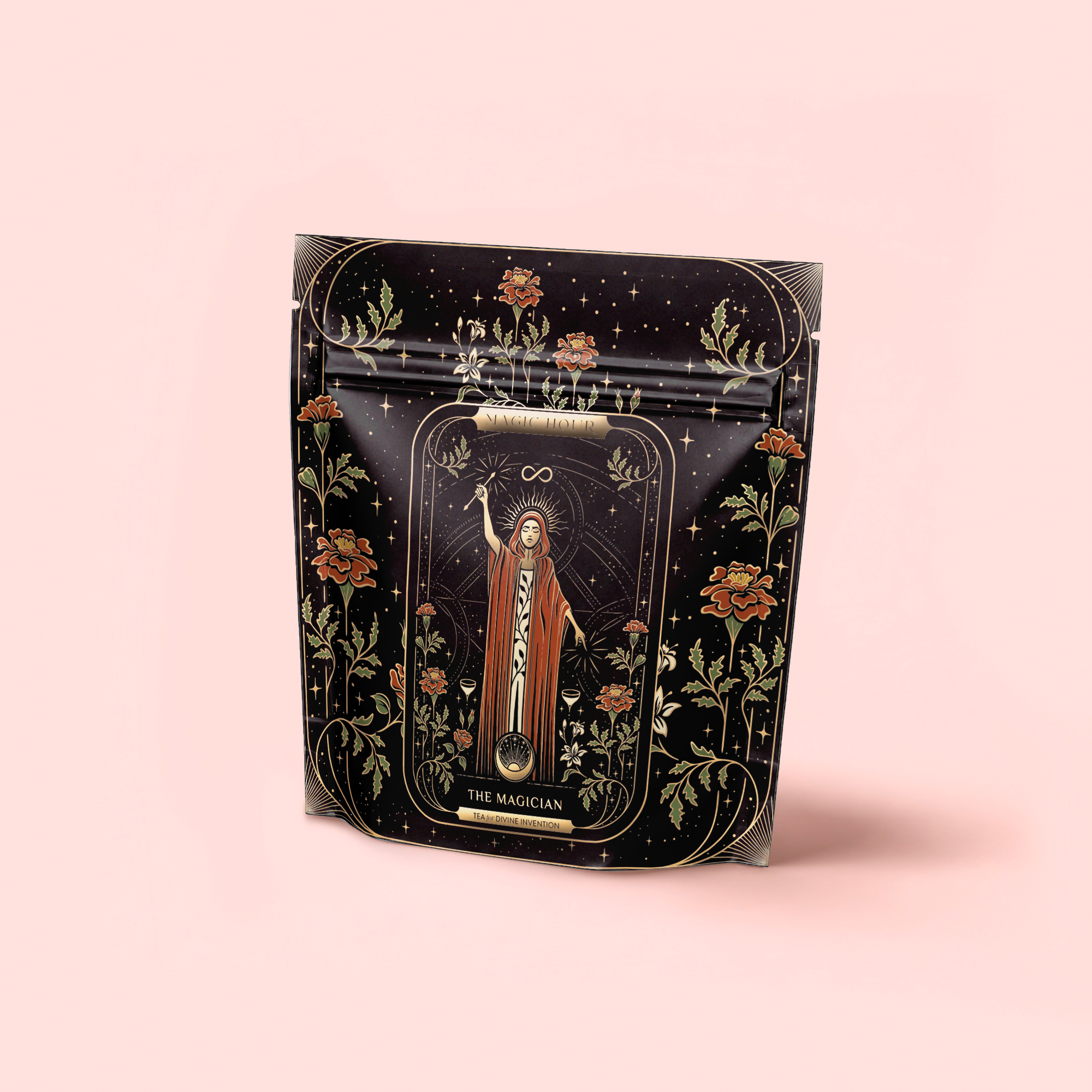 A decorative black bag with a tarot-inspired "The Magician" design, golden accents, and flowers on soft pink, perfect for storing The Magician - Elderberry-Ginger-Vanilla Herbal Tea or your favorite wellness blend.