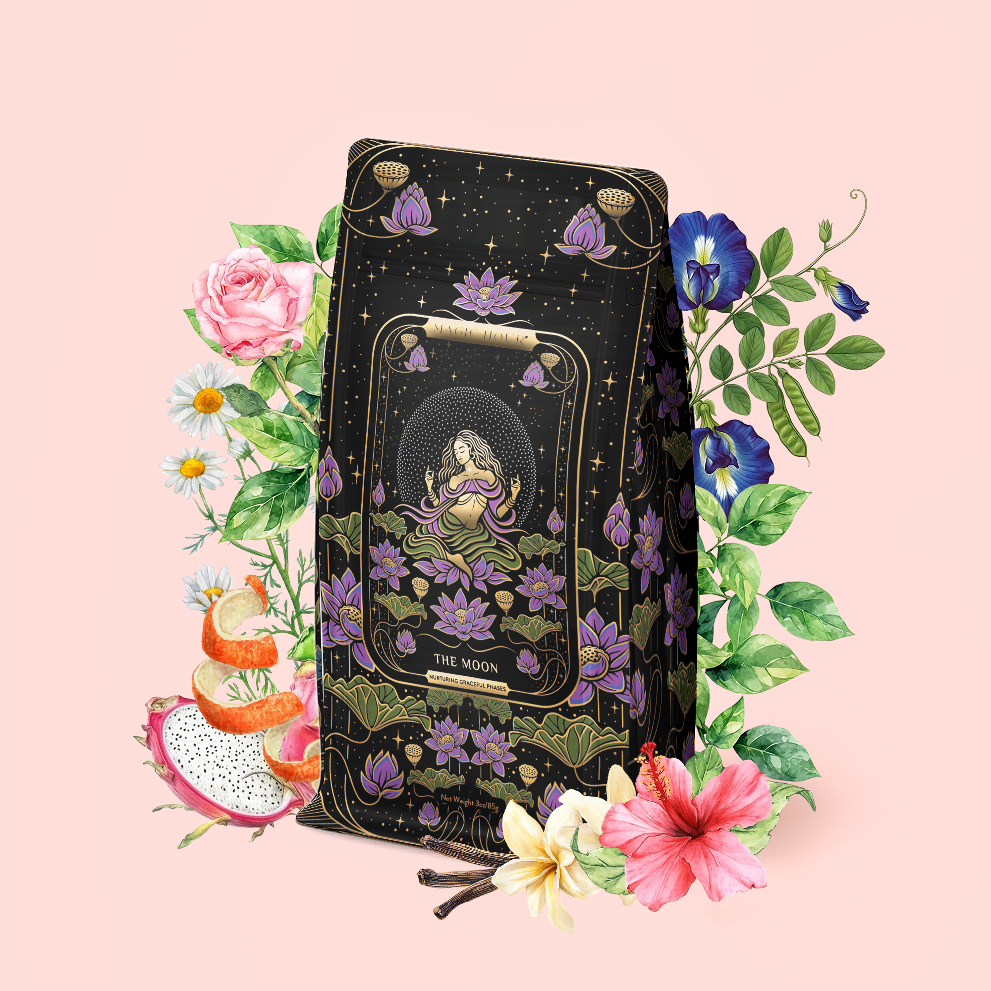 A decorative tea package for "The Moon - Tea for Nurturing Graceful Phases," adorned with elegant floral and lotus designs, is surrounded by vibrant flowers and fruit slices on a pale pink background. The packaging features a serene figure seated among lotuses, capturing the soothing essence of chamomile tea.