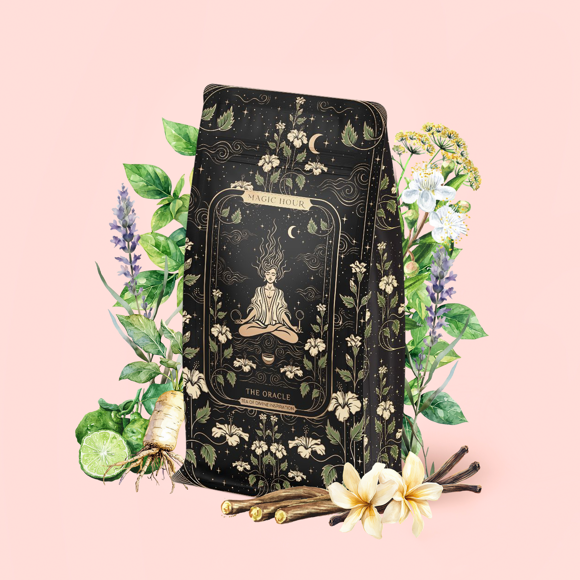 A black and gold patterned tea package labeled "The Oracle: Lemon Lavender Tea for Supporting the Gut-Brain Axis" features a meditating figure surrounded by illustrated herbs, flowers, roots, and spices on a soft pink background. This adaptogenic blend offers a caffeine-free herbal tea experience designed to promote balance and support the gut-brain axis as part of a calming, stress-reducing tea ritual.